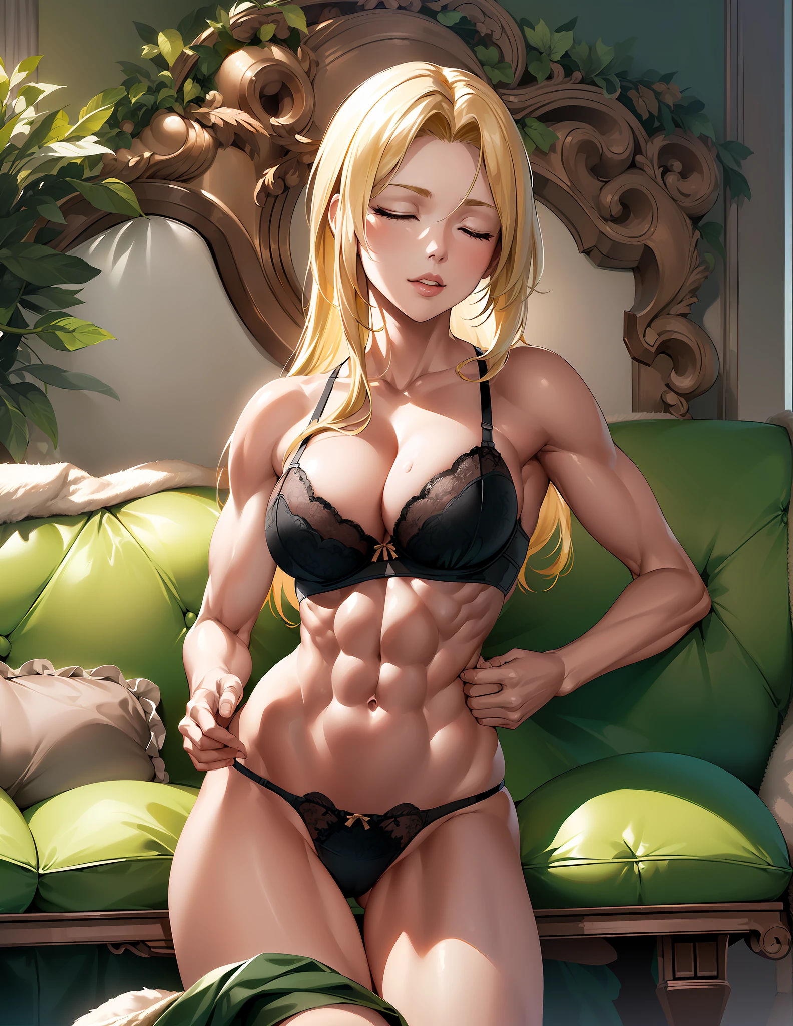 A woman (bra, breasts, cleavage, closed eyes, lips, long blonde hair, toned abs, strong body), foto_\(medium\), green bra, realistic, lying down, sleeping on the sofa, solo, underwear,(masterpiece),(photorealistic: 1.3), nfsw, ultra-detailed, (highly detailed skin: 1.2), (best quality: 1.0), (ultra high resolution: 1.0)