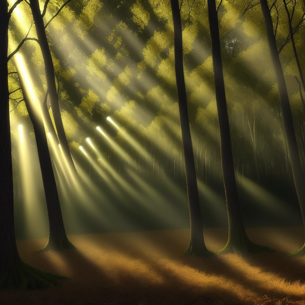 Shadowy forest with green trees and vines on the trunks with few golden rays of sunlight through the branches