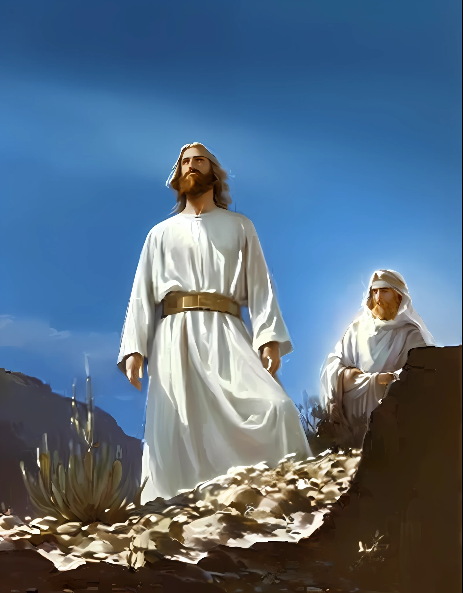 (Fine Art, Realistic Painting, Detailed, Ultra-Detailed), (Beautiful Illumination, Best Shadow, Dreamy), Character: Jesus Christ in the wilderness, desert (Middle Eastern, Bearded, Wearing a White Robe), Background: Beautiful Angel (Blonde Hair, White Wings), (Soft Pink):1.1, Ray of Light (Warm):1.2