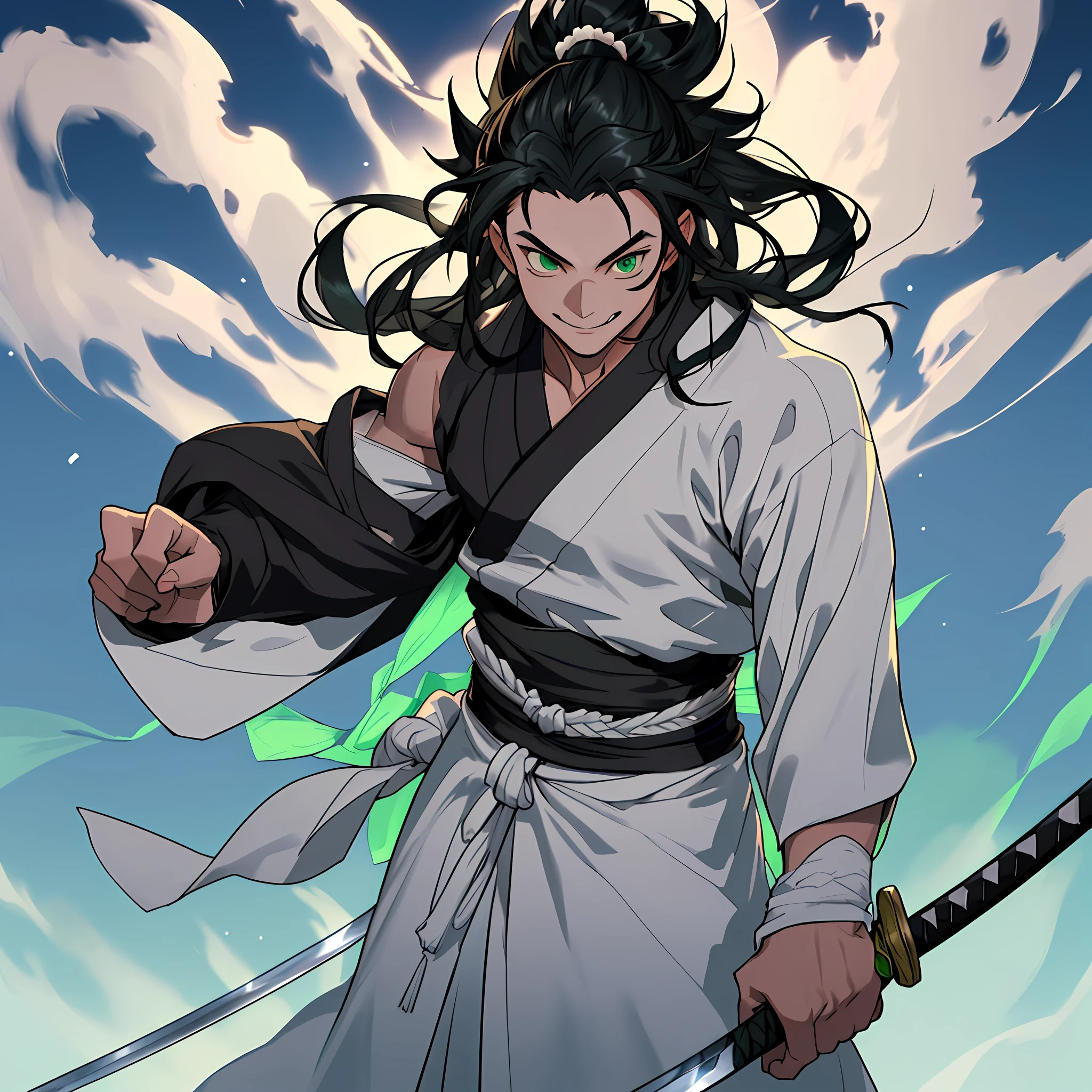 best quality (katana: 1.4), serious,(at night: 1.4), a single -yeld haong black hair that is loose to the winds, and poured down his body, smooth and shiny, which fall gently to his back. Her hair is thick and has a healthy appearance, contrasting with her fair skin. The young man's eyes are deep and emerald green, intense as two light pearls. They reflect calm and an inquisitive curiosity. With his upright posture, the young man shows a confident bearing and a cheerful and hyperactive aura. He is shirtless and underneath wears the underside of a white kimono with blue-green details with grey clouds printed, with a large yellow ribbon at his waist, sleeveless, made of a quality fabric. giving him the look of a swordsman. At his waist, he carries a white katana with gray details on the blade. The long, sharp blade is made of polished steel, reflecting light. The katana grip is wrapped in black leather, offering a firm and secure grip. The scabbard of the sword adorned with demonic symbols. Kimetsu no Yaiba style, alone, 1boy, muscular man, demon slayer style, loose hair, quiet look, smiling, tall, confident, only 1, spilled hair, loose and big hair, small monkey on his shoulder, demon slayer artstyle