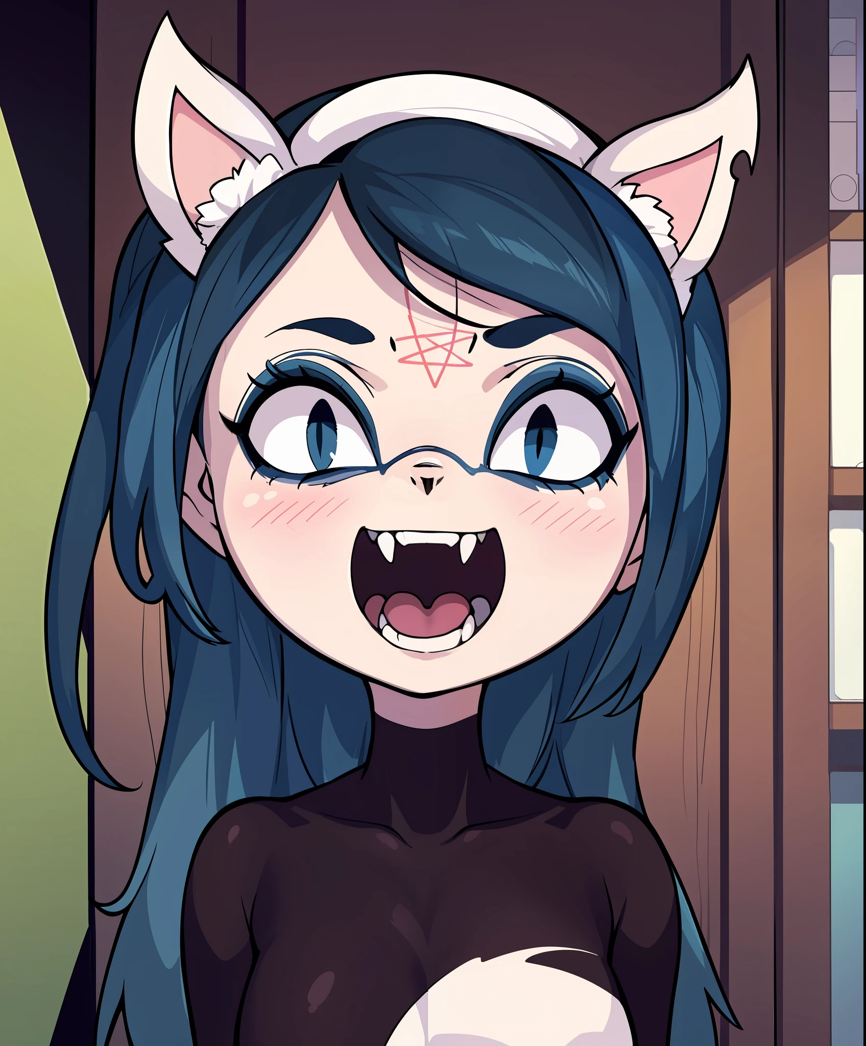 Claire, face happy, open mouth, 1girl, alone, in an apartment that is changing