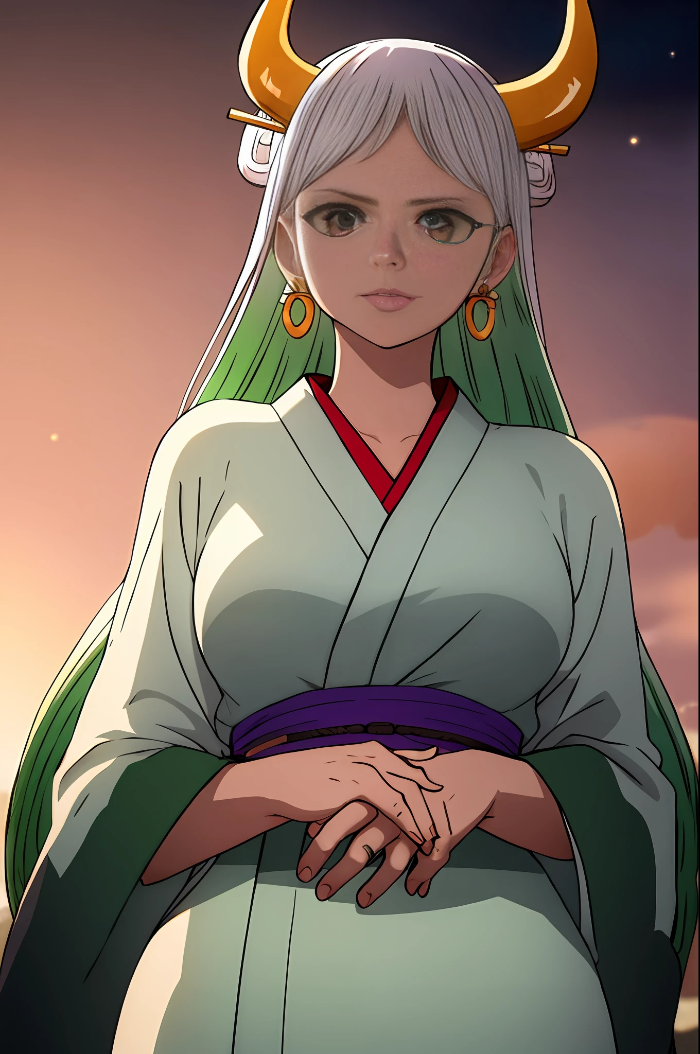 1girl, yamato from one piece, white hair and green hair, gradient hair, horns, wanostyle, ring earrings, ((masterpiece)), ((best quality)), extremely detailed, bloom, kimono, traditional clothing, depth of field, sketch, dark intense shadows, sharp focus, soft lighting, darkness, good composition, solo, outdoors, night moon, from below, upper body, light from behind,