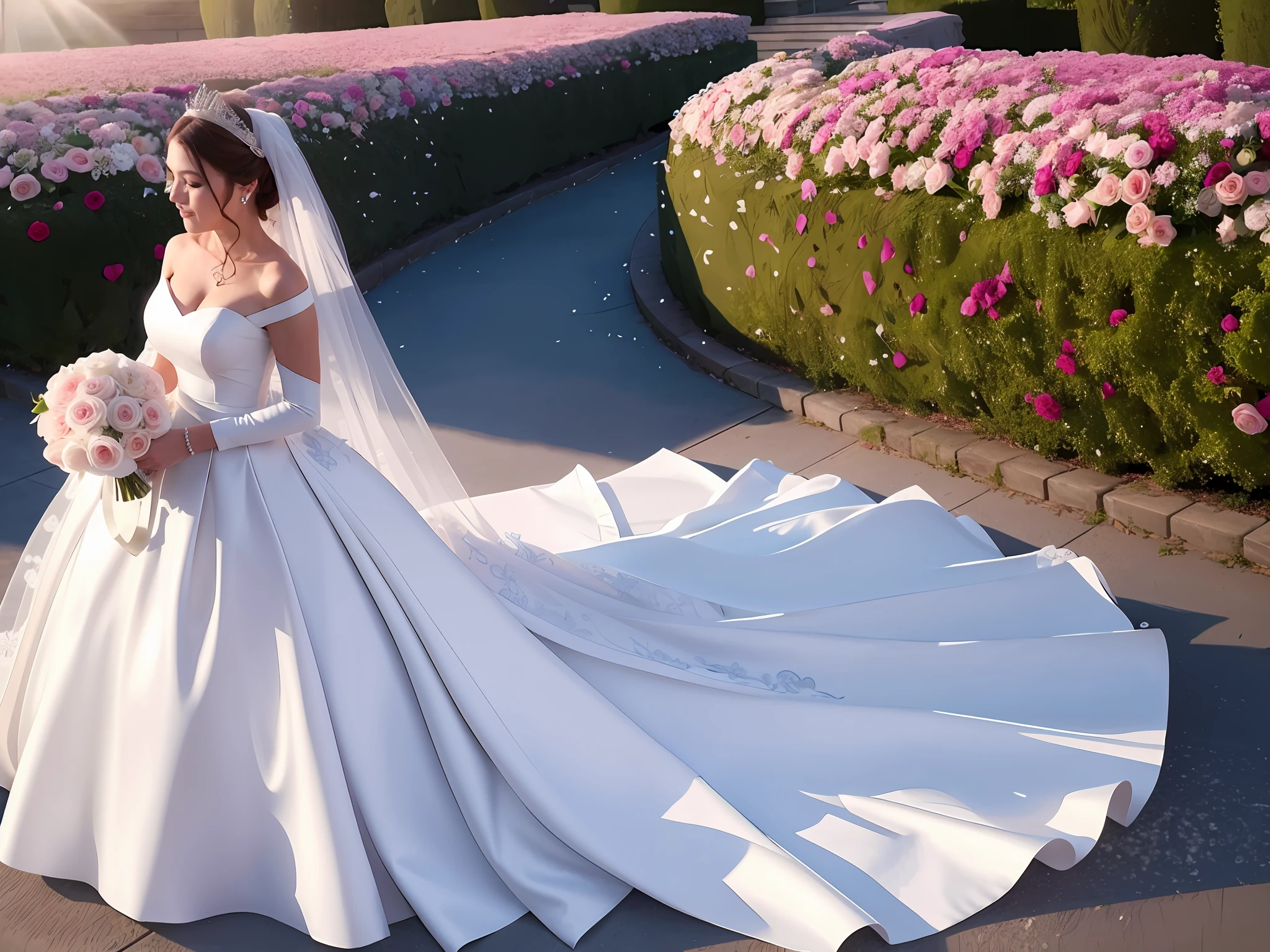 bride in white wedding dress standing in front of a garden, stunning elegant, white royal dress, beautiful wedding dress, wedding dress, beautiful gown, luxurious wedding, white gown, dressed beautiful gown, elegant and graceful, extravagant dress, beautiful and elegant, wearing a wedding dress, in wedding dresses, by Arthur Sarkissian, very beautiful and elegant, gown