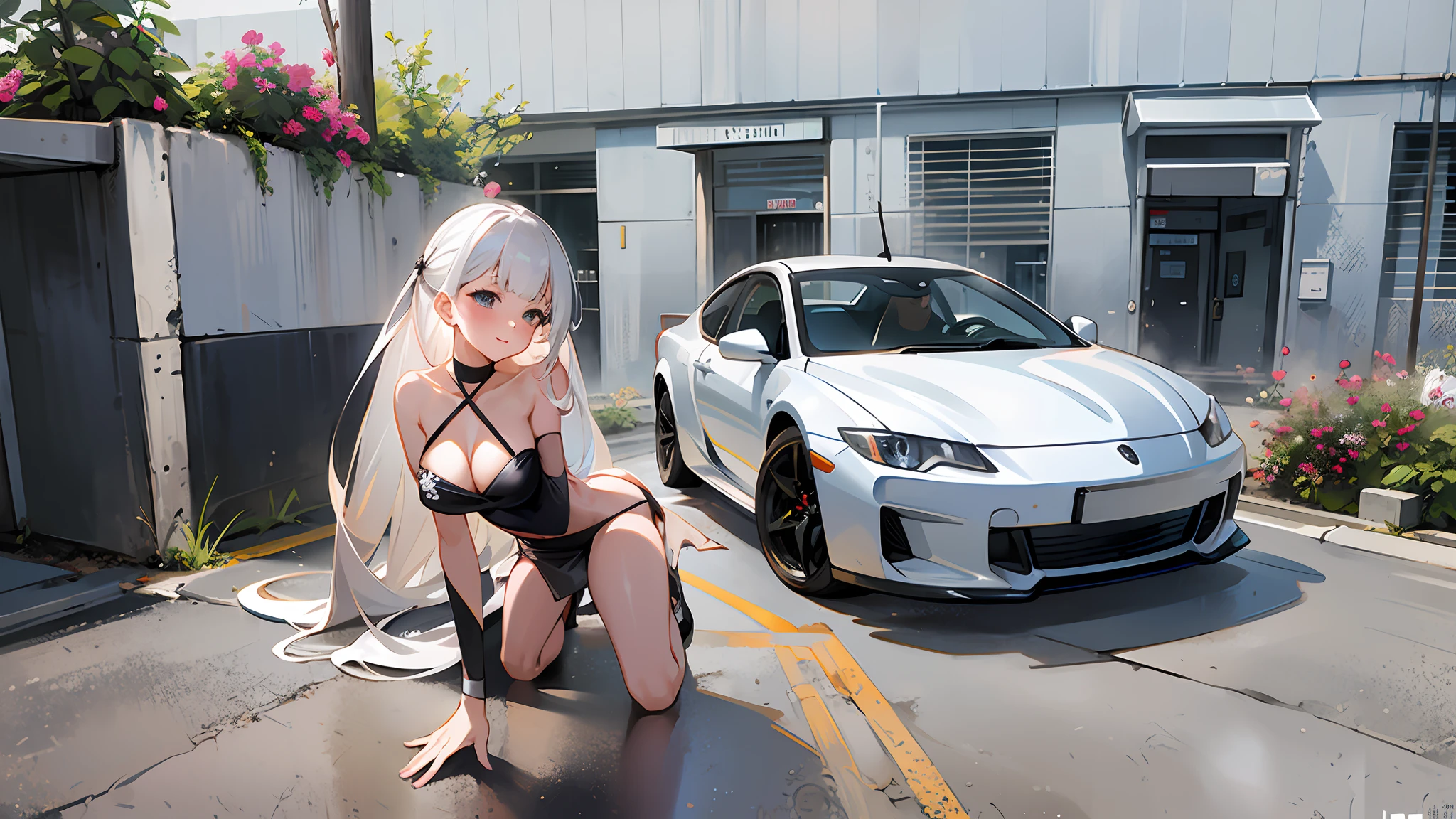 masterpiece,1girl,solo,white hair,long hair,bare shoulders,blush,bottomless,light smile, cleavage,closed mouth,collarbone, (top-down bottom-up) ,all fours,on car,street, car