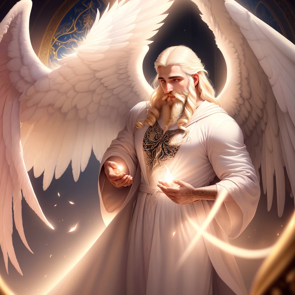 (Fine Art, Realistic Painting, Detailed, Ultra-Detailed), (Beautiful Illumination, Best Shadow, Dreamy), Character: satan transforming himself into an angel of light (Middle Eastern, Bearded, Wearing a White Robe), Background: Beautiful Angel (Blonde Hair, White Wings), (Soft Pink):1.1, Ray of Light (Warm):1.2