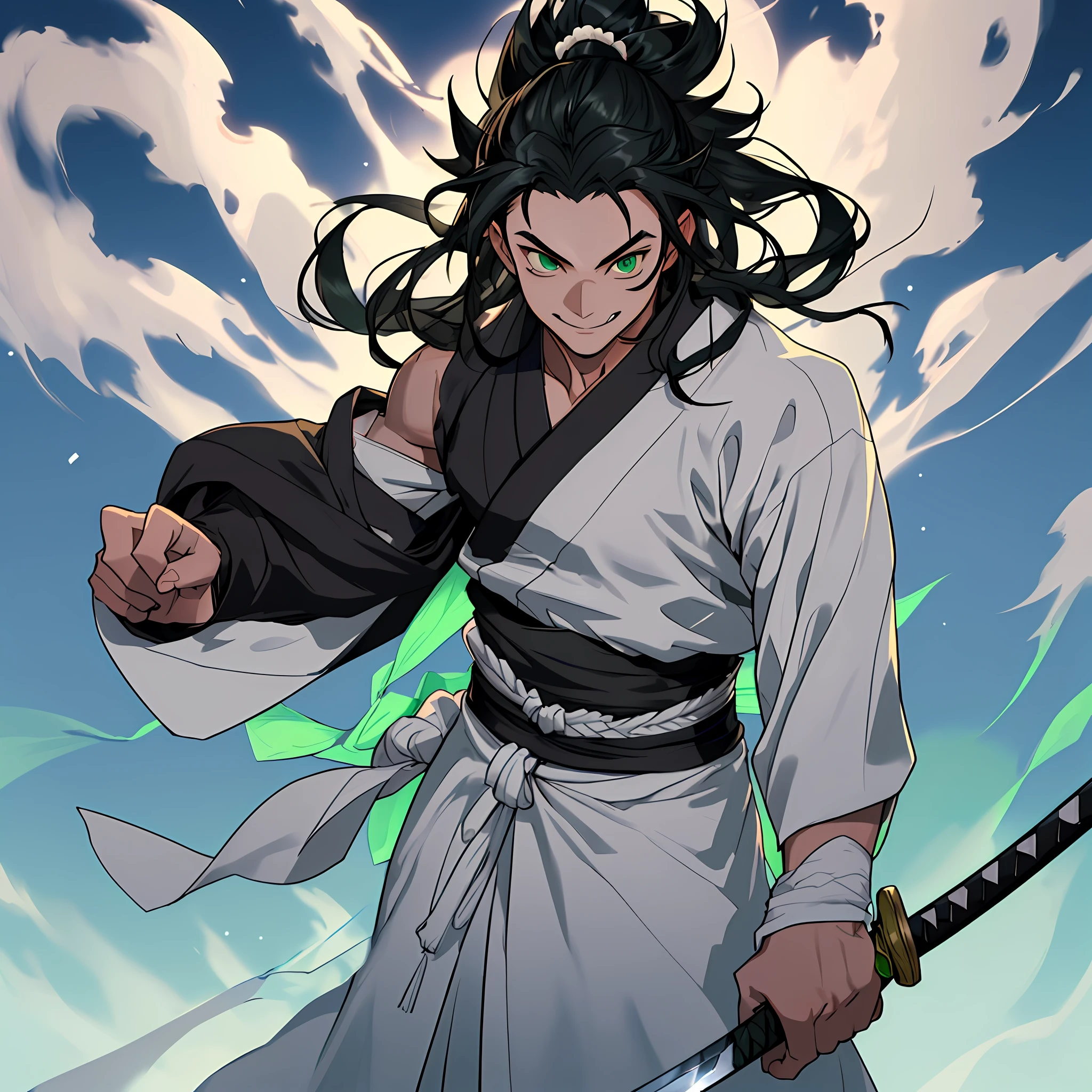 best quality (katana: 1.4), serious,(at night: 1.4), a single 16-year-old has long black hair that is loose to the winds, and poured down his body, smooth and shiny, which fall gently to his back. Her hair is thick and has a healthy appearance, contrasting with her fair skin. The young man's eyes are deep and emerald green, intense as two light pearls. They reflect calm and an inquisitive curiosity. With his upright posture, the young man shows a confident bearing and a cheerful and hyperactive aura. He is shirtless and underneath wears the underside of a white kimono with blue-green details with grey clouds printed, with a large yellow ribbon at his waist, sleeveless, made of a quality fabric. giving him the look of a swordsman. At his waist, he carries a white katana with gray details on the blade. The long, sharp blade is made of polished steel, reflecting light. The katana grip is wrapped in black leather, offering a firm and secure grip. The scabbard of the sword adorned with demonic symbols. Kimetsu no Yaiba style, alone, 1boy, muscular man, demon slayer style, loose hair, quiet look, smiling, tall, confident, only 1, spilled hair, loose and big hair, small monkey on his shoulder, demon slayer artstyle