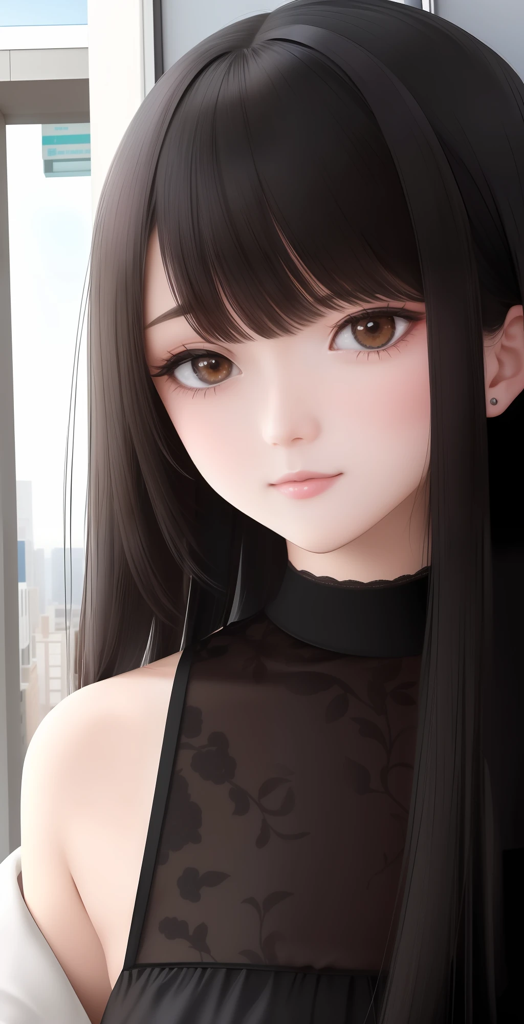 Capture the essence of contemporary portraiture in high resolution, featuring a young college girl with long black hair and bangs. Dynamic camera angles enhance its vibrant personality, while vivid colors and a slight noise add a modern, urban atmosphere to the image