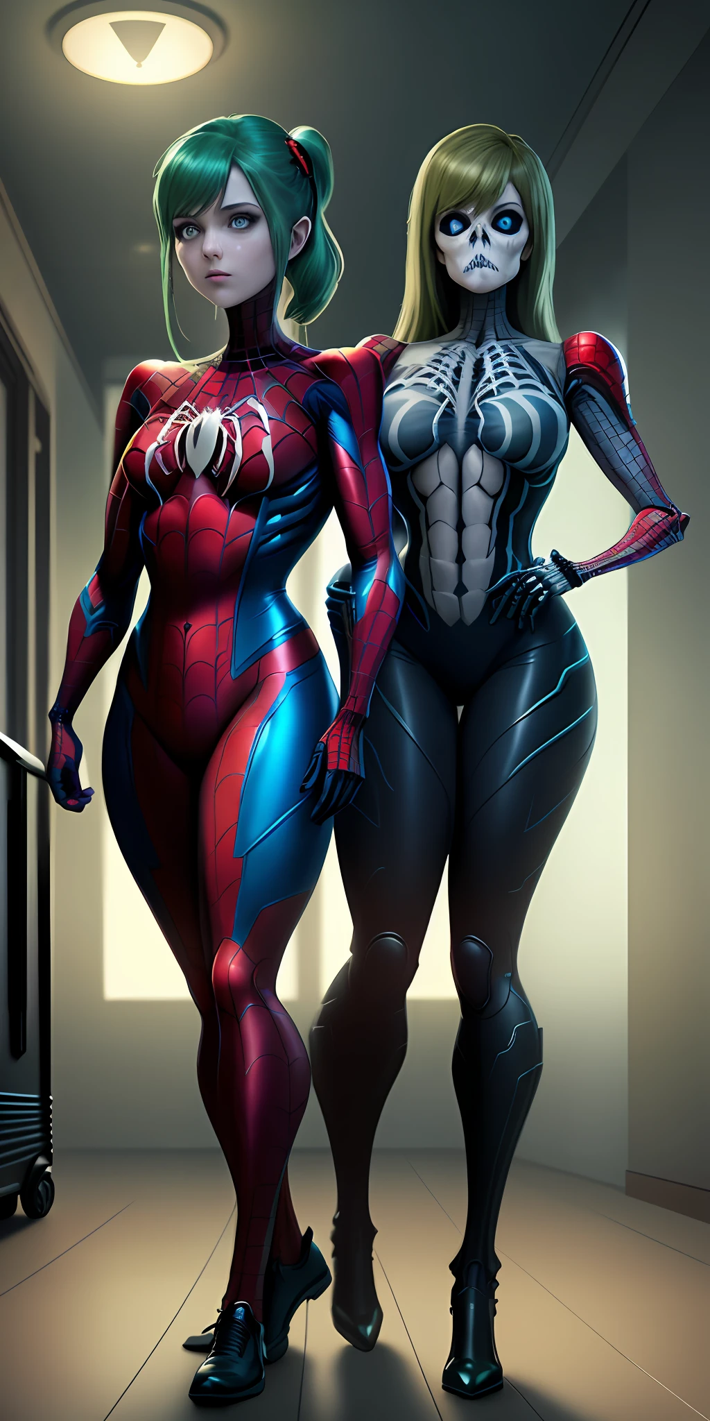 Create an image with 64k resolution, Unreal Engine 5, SpiderMan style, Super Metroid style, full body photo of a female zombie skeleton, cosplaying Spider-Man+Samus Aran, looking at the viewer, green eyes, blue hair, holding a suitcase, in a haunted hotel.