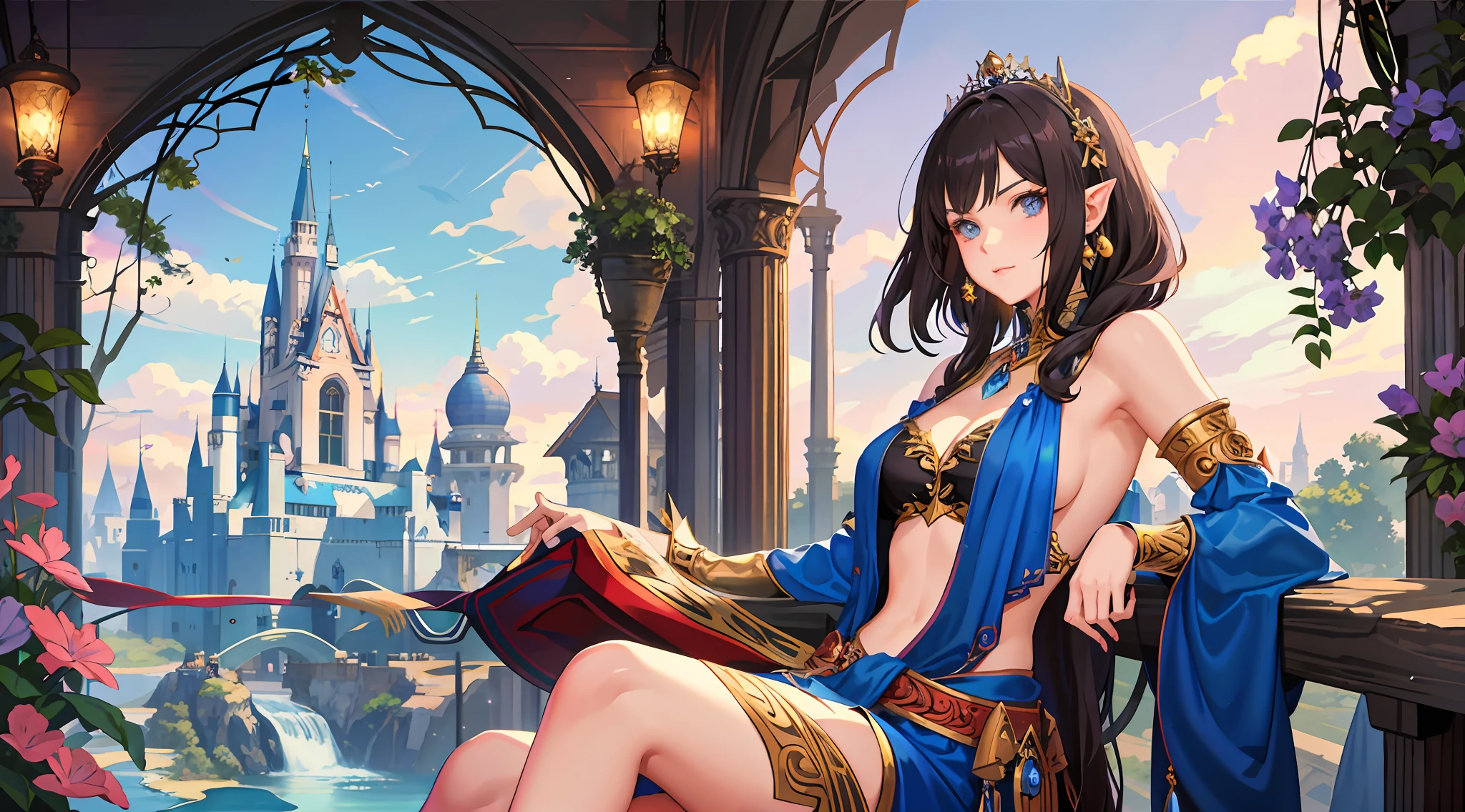 anime girl in blue dress sitting on a balcony with a castle in the background, cushart krenz key art feminine, alluring elf princess knight, a beautiful fantasy empress, extremely detailed artgerm, ((a beautiful fantasy empress)), ig model | artgerm, 2. 5 d cgi anime fantasy artwork, ! dream artgerm