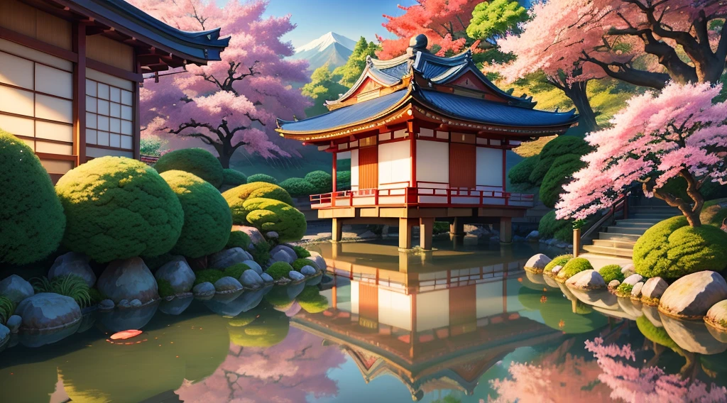 (digital painting),(best quality), serene Japanese garden, cherry blossoms in full bloom, koi pond, footbridge, pagoda, Ukiyo-e art style, Hokusai inspiration, Deviant Art popular, 8k ultra-realistic, pastel color scheme, soft lighting, golden hour, tranquil atmosphere, landscape orientation