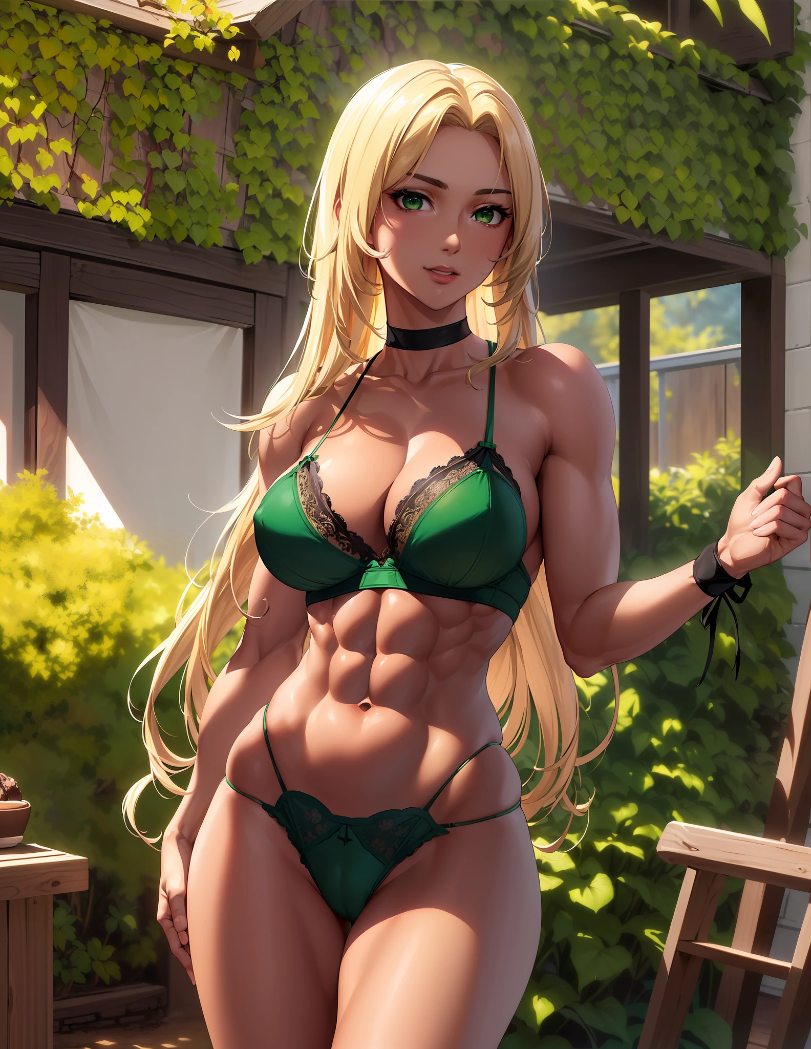 "Masterpiece, high quality, detailed, high resolution, 4k, 8k, realistic skin texture, amazing shadows, perfect lighting, hyper-realistic." A woman (blonde hair, tanned white skin, toned abs, green eyes), green lingerie, holding her friend tight (female friend with dark long hair, brown eyes and choker), yuri, ecchi