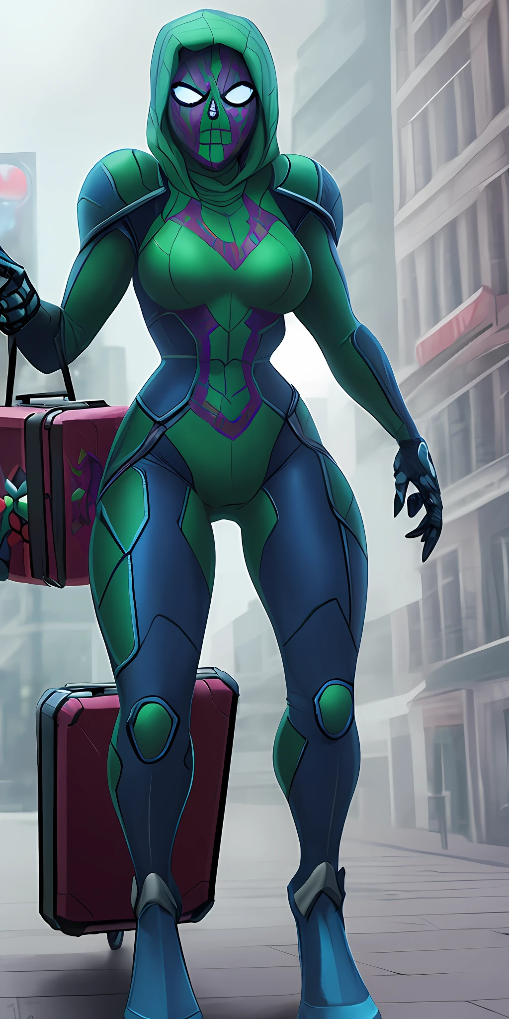 Create an image with 64k resolution, Unreal Engine 5, SpiderMan style, Super Metroid style, full body photo of a zombie skeleton woman, cosplaying Spider-Man+Samus Aran, looking at the viewer, green eyes, blue hair, holding a suitcase, in a haunted hotel with ghosts, put only one character in the image.