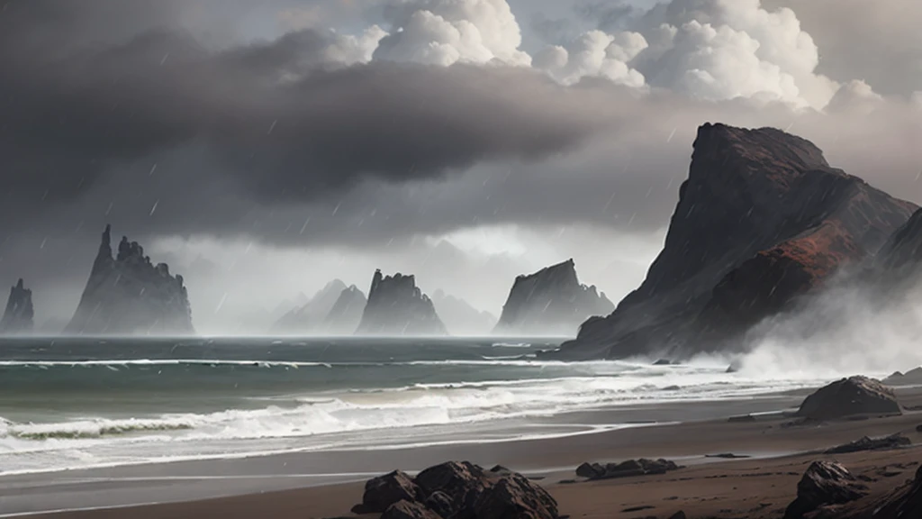 A very distant landscape on a planet covered with giant rocks, heavy rain, dust in the air, rain, gray haze, clouds of steam escaping from the ground, craters, black smoke, gray sky, immense sea, flood, flood, flood, water, masterpiece, best quality, high quality, extremely detailed CG unity 8k wallpaper, oil painting, award-winning photography, Bokeh, depth of field, HDR, flowering, chromatic aberration, photorealistic, extremely detailed, trend in artstation, trend in CGsociety, intricate, high detail, dramatic, halfway art, volumetric lighting