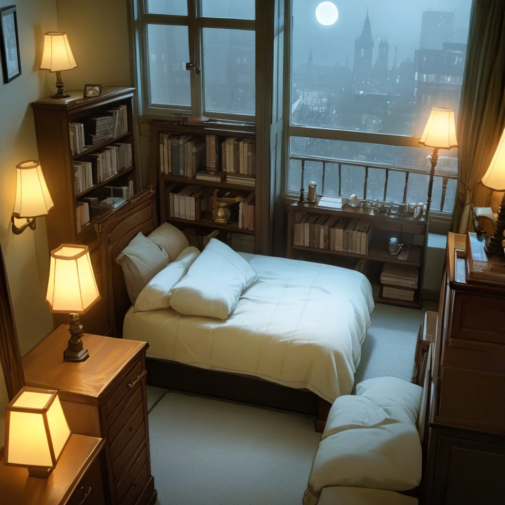 Cozy room, tidy bed, table, bookcase, window, moonlight, lamps, lamps, mood lighting, chair to sit