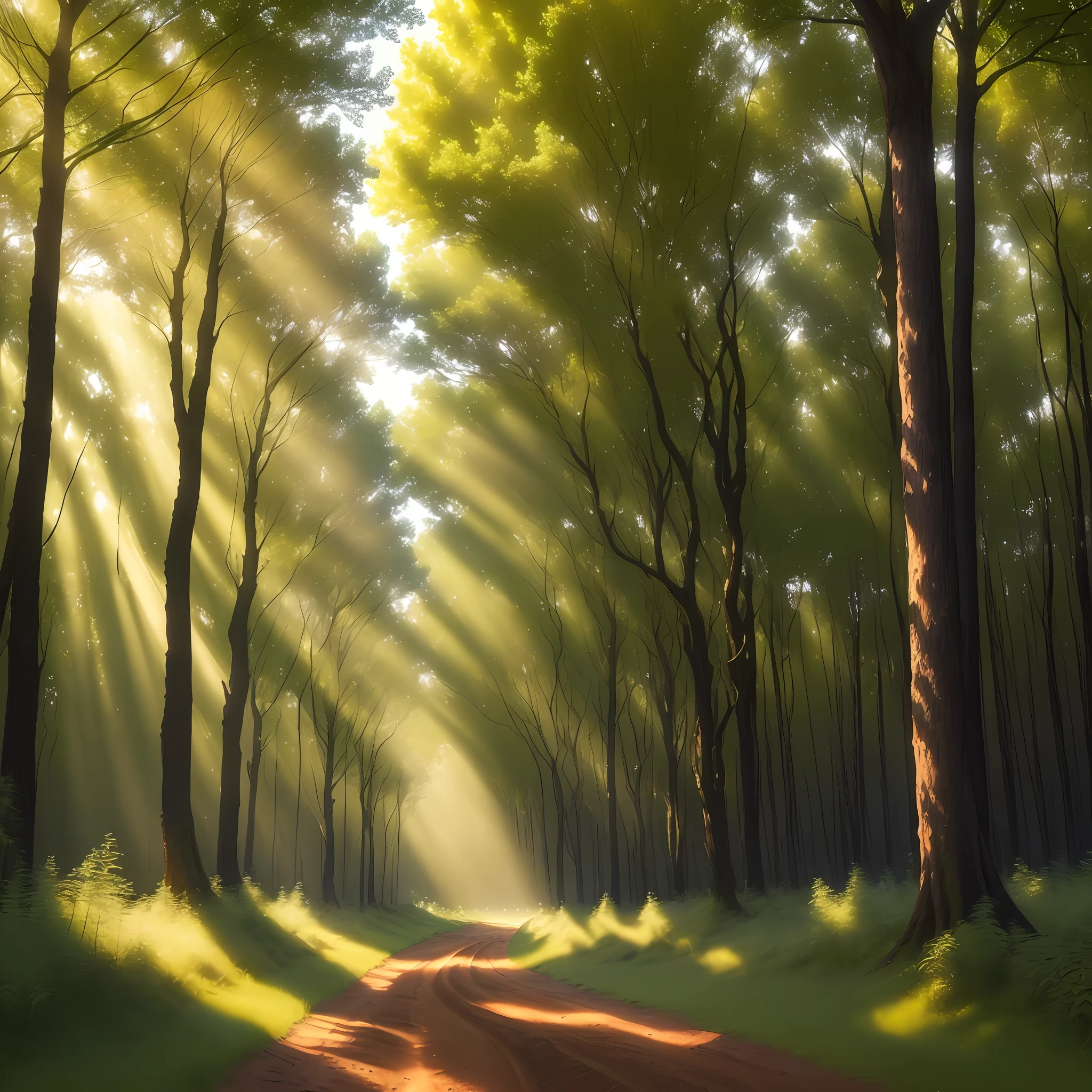 (masterpiece) RAW highly detailed dense forest with several birds in beautiful trees, with a dirt road, with some mounds with grasses, a really beautiful and colorful location, rays of sun passing through the vegetation,