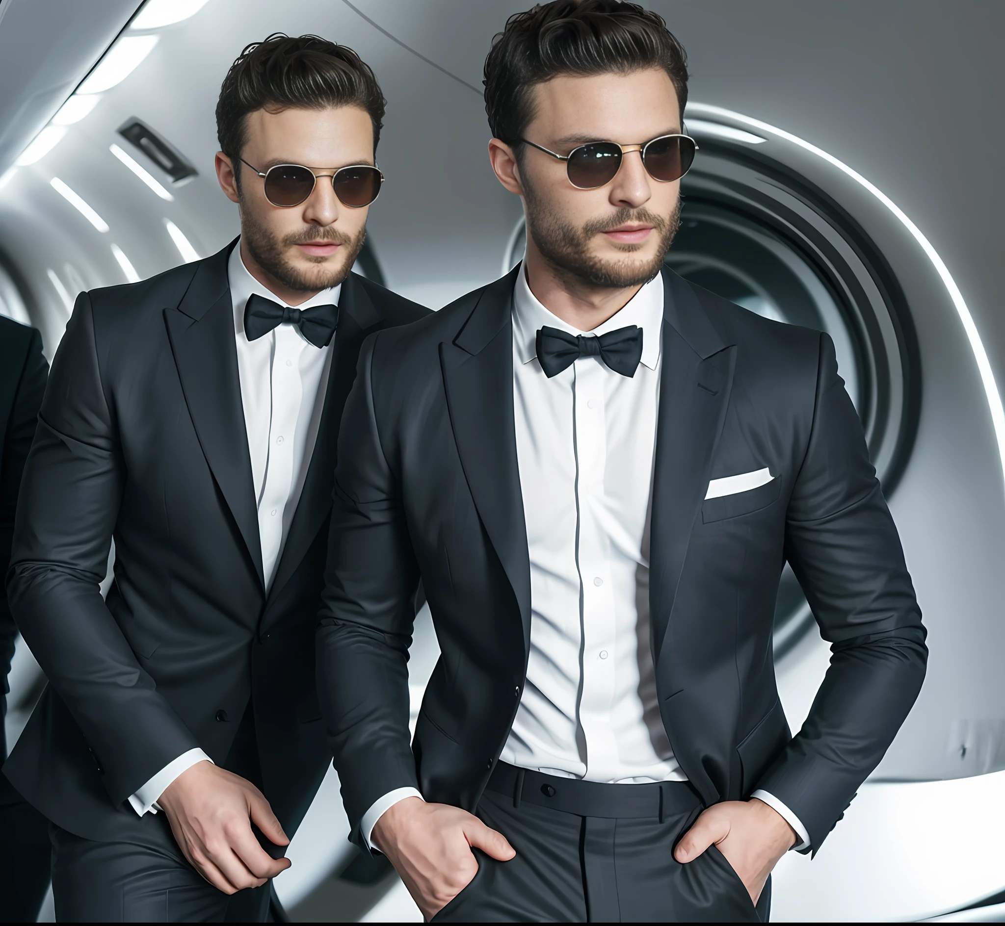 (Man coming out of private jet), Wearing suit, (Beard and attractive) movie scene, (Impeccable), with sunglasses, Serious and elegant man, Actor Jamie Dornan, with thick male eyebrows, secret agent 007 man style, (with mysterious and serious face,) short dark hair, elegant and elegant, body fit and strong fit in suit, private jet background image, Man similar to actor Jamie Dornan, ( high quality and realistic image), ((Best Quality, 8k, Masterpiece).