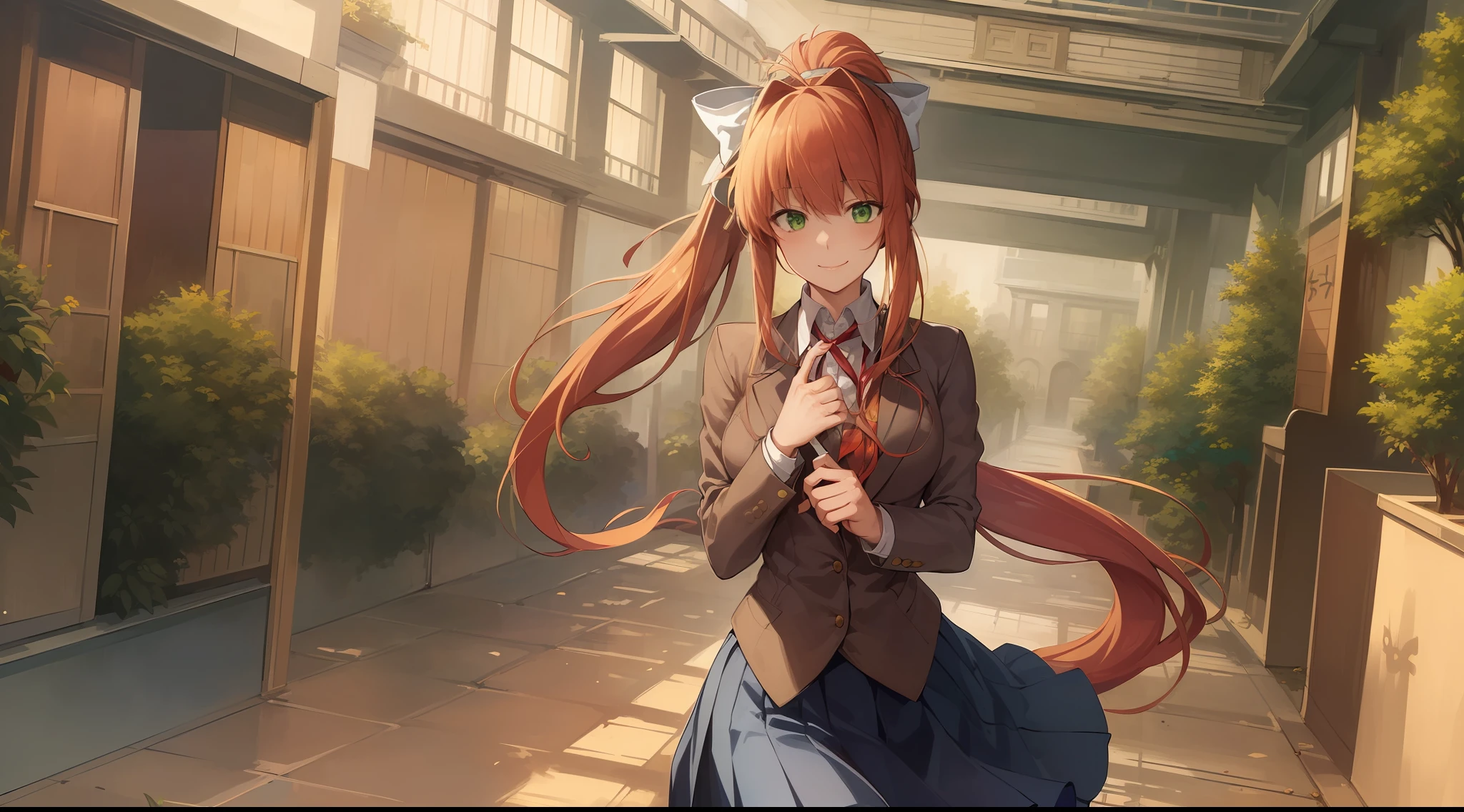 2d, masterpiece, best quality, anime, highly detailed, distant view, 1girl, solo, monika, green eyes, very long hair, ponytail, school uniform, standing, straight-on, smile