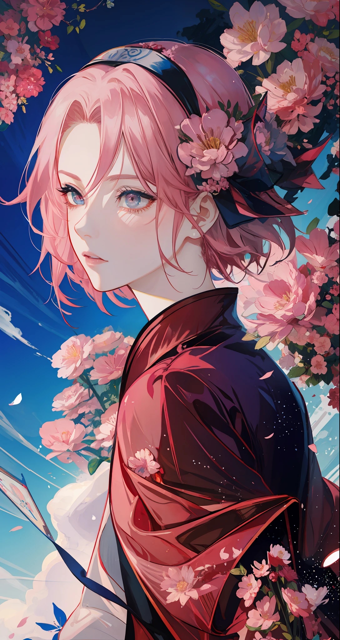 Sakura haruno, seductive, ((forehead the show)), attractive, sexy eyes, red coat with akatsuki clouds, pink hair, delicate, young, short hair, detailed face, high definition, full body, from League of Legends, trend in artstation, by rhads, andreas rocha, rossdraws, makoto shinkai, laurie greasley, lois van baarle, ilya kuvshinov and greg rutkowski