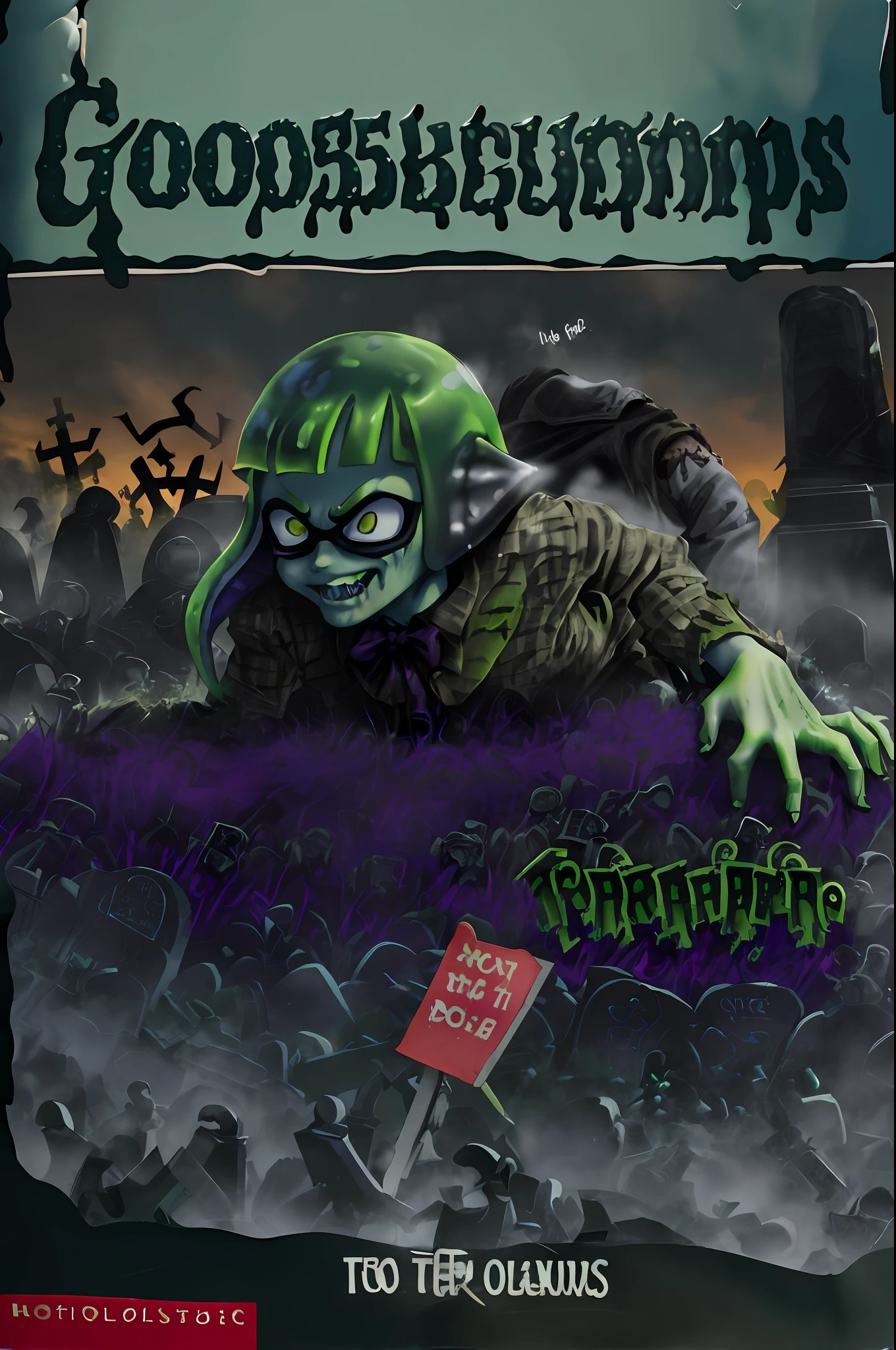 GoosebumpsBookCover attack of the graveyard ghouls,Inkling,splatoon,inkling,detailed,graveyard ghouls as inklings,a hand coming out of the ground,reaching out for you,with torn up clothes, wrinkly green skin,in the splatsville graveyard,walking towards inkpolis,with other inklings raising from their gravestones,with hands sticking out of the tombstones,getting out