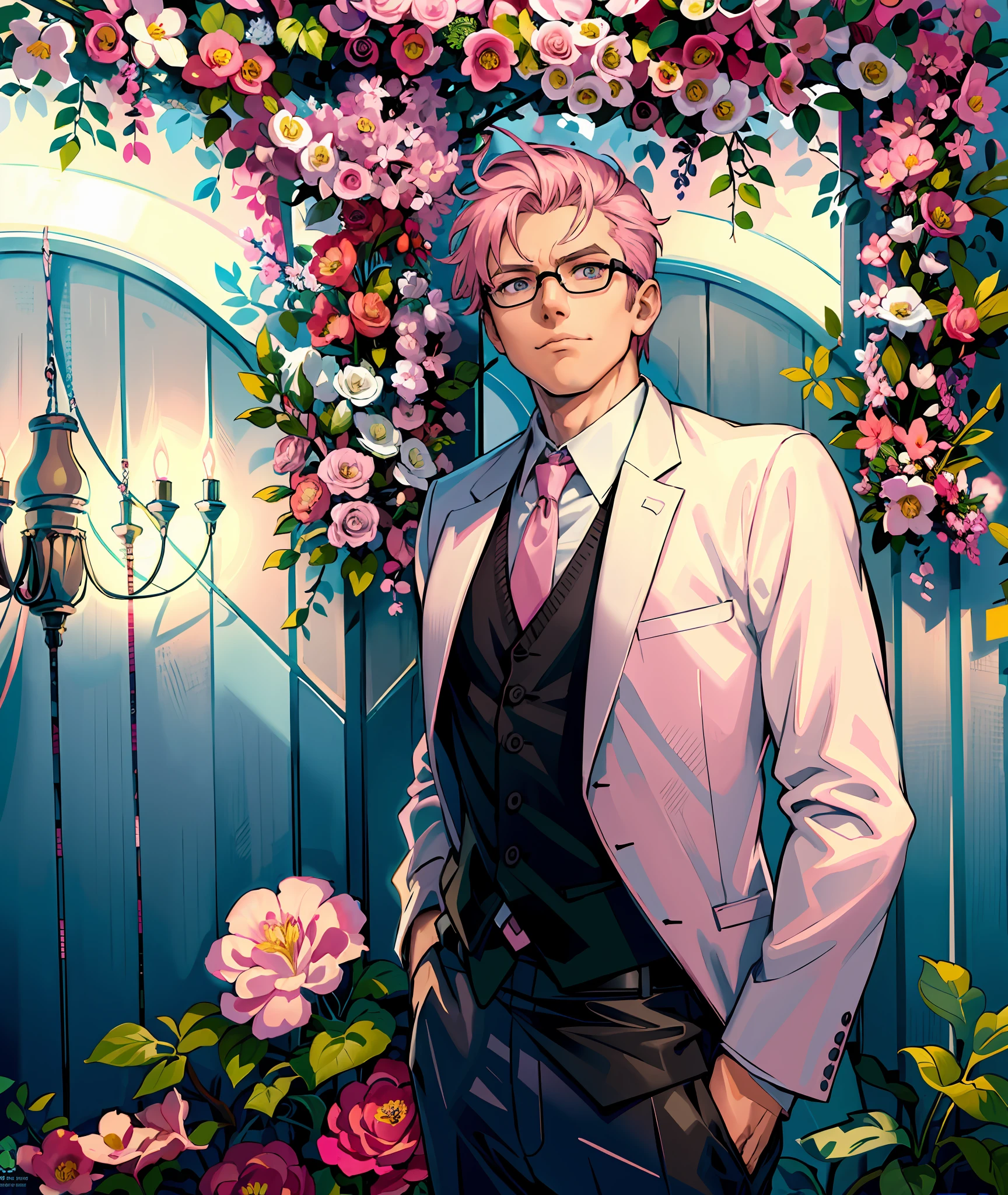 masterpiece),(best quality:1.0), (ultra highres:1.0), detailed illustration, 8k, anime, 1boy, anime boy, pink suite, pink vest, white shirt, black necktie, hands in pocket, detailed face, glasses, black pupils, detailed eyes, day time, pink flower background, pink theme, detailed, anime style, best quality