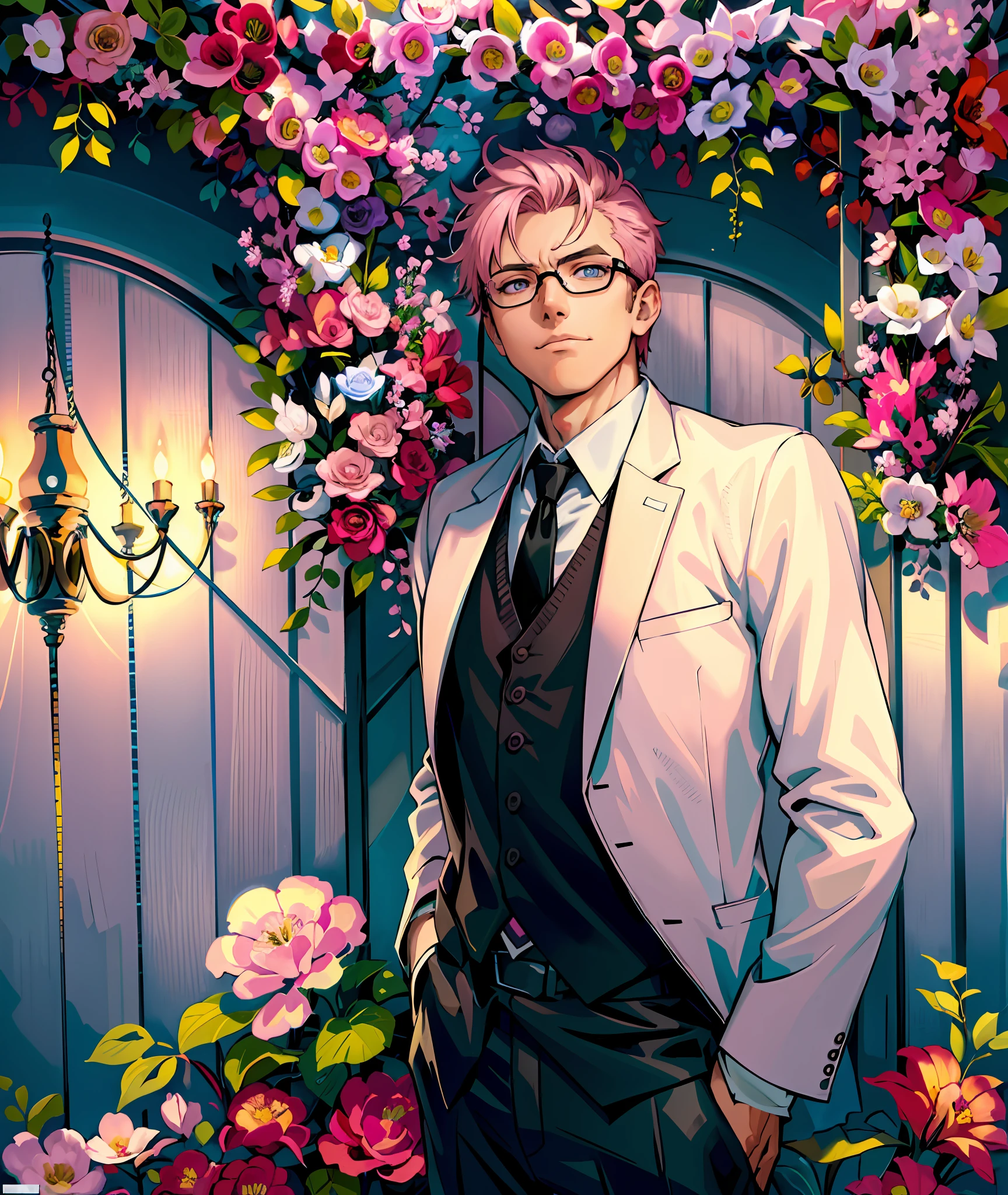 masterpiece),(best quality:1.0), (ultra highres:1.0), detailed illustration, 8k, anime, 1boy, anime boy, pink suite, pink vest, white shirt, black necktie, hands in pocket, detailed face, glasses, black pupils, detailed eyes, day time, pink flower background, pink theme, detailed, anime style, best quality