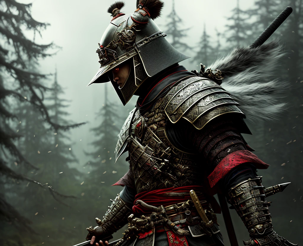 A samurai Warrior, hyper detailed and ornate red armor, katana, dark helmet, dark look, full body, in artstation forest art, hazy background, realistic epic, rutkowski, hdr, intricate details, hyperdetailed, cinematic, rim light, muted colors: 1.2, dark fantasy, dark sky, with dark mountains in the background, dark and dangerous atmosphere