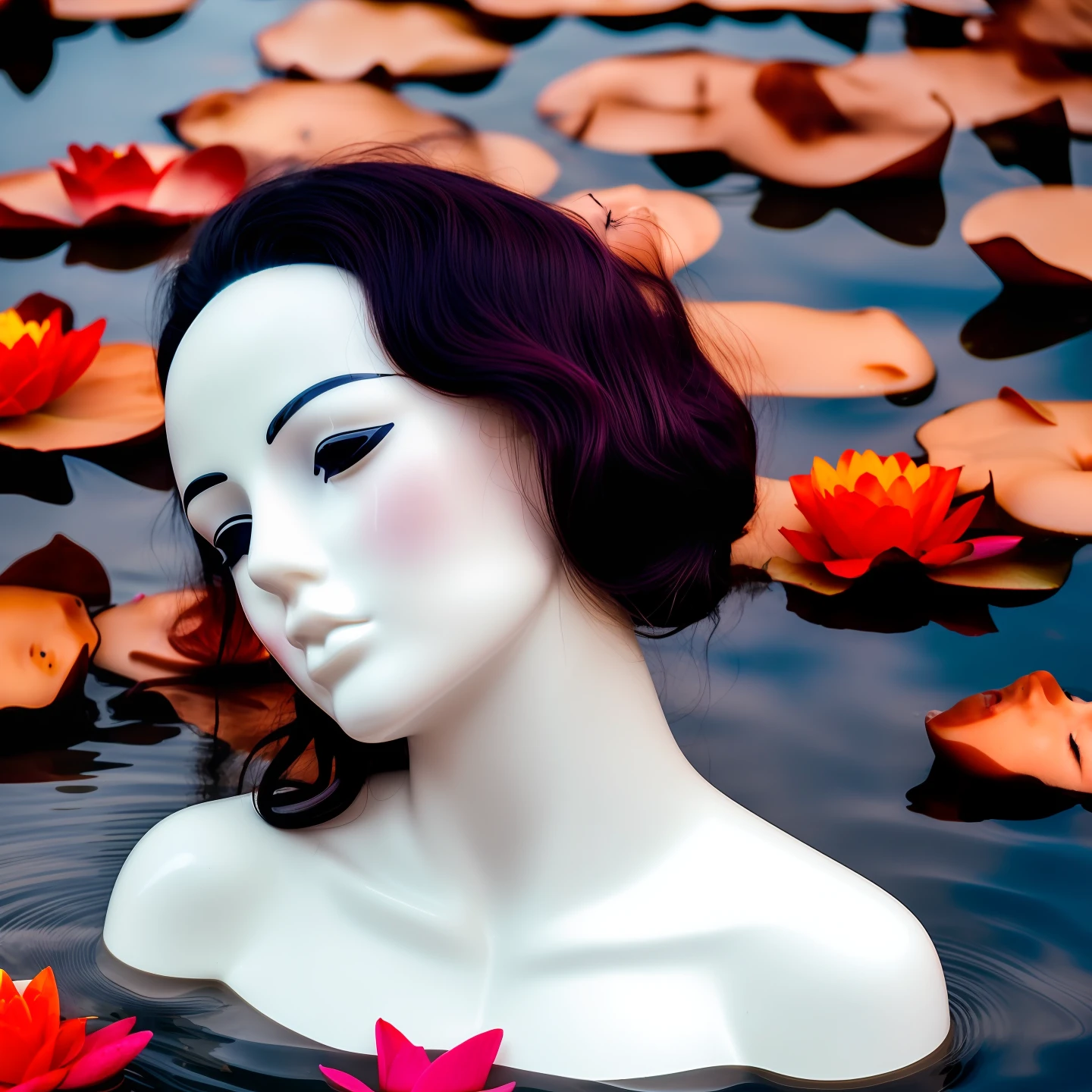Photo stock of a mannequin woman, ((sad expression, face full of tears)), with freckles (laying on her back over a lake surface), ((floating)), almost drowning, (full of red roses and white water lilies) with her ((hair underwater)), sunset reflecting on the lake, ambient light, close up portrait, shot on kodak gold 200. Golden hour. looking at the camera. 35 mmm,purple hair, ((1girl)), 1body, ((1head)), mannequin, no fece, black and white, BNW, faceless, faceless mannequin, black and white, black and white image, black and white scene,