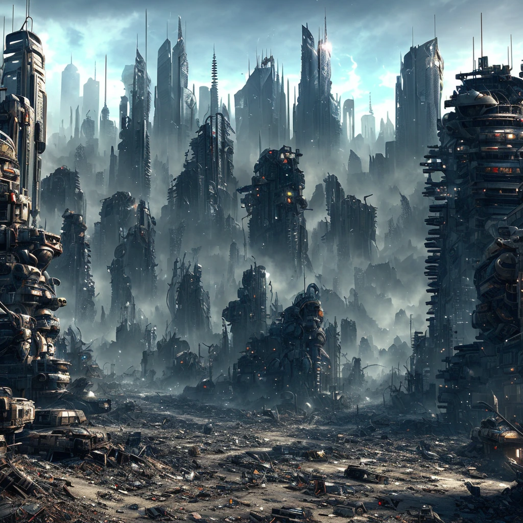 post apocalyptic futuristic city, shattered crystal spires, rubble strewn street, broken machines