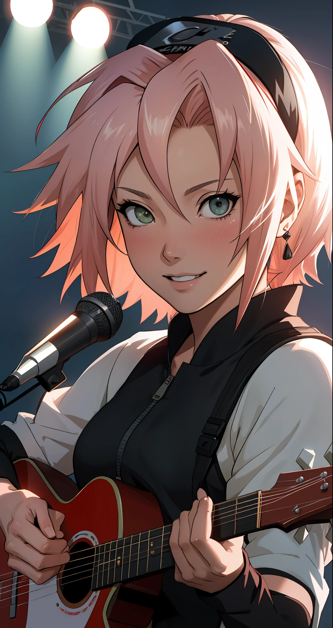 (2d anime:1.3). Rock band in stage, sakura haruno, playing guitar, detailed clothing, dynamic close-up face portrait, design by Yusuke Kozaki, oil by Gregory Manchess. stunningly beautiful, blush, smile, guitar, monitor, mic stand. Hand drawing illustration, 4k, highly detailed. Stage Lighting. Black, white, colored, Perfect composition. By sumic.mic