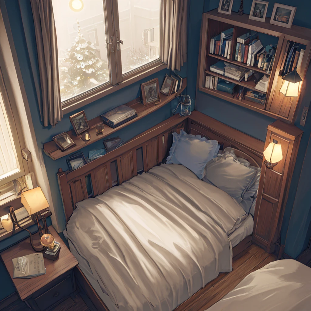 Cozy room, tidy bed, table, bookcase, window, moonlight, lamps, lamps, mood lighting, chair to sit