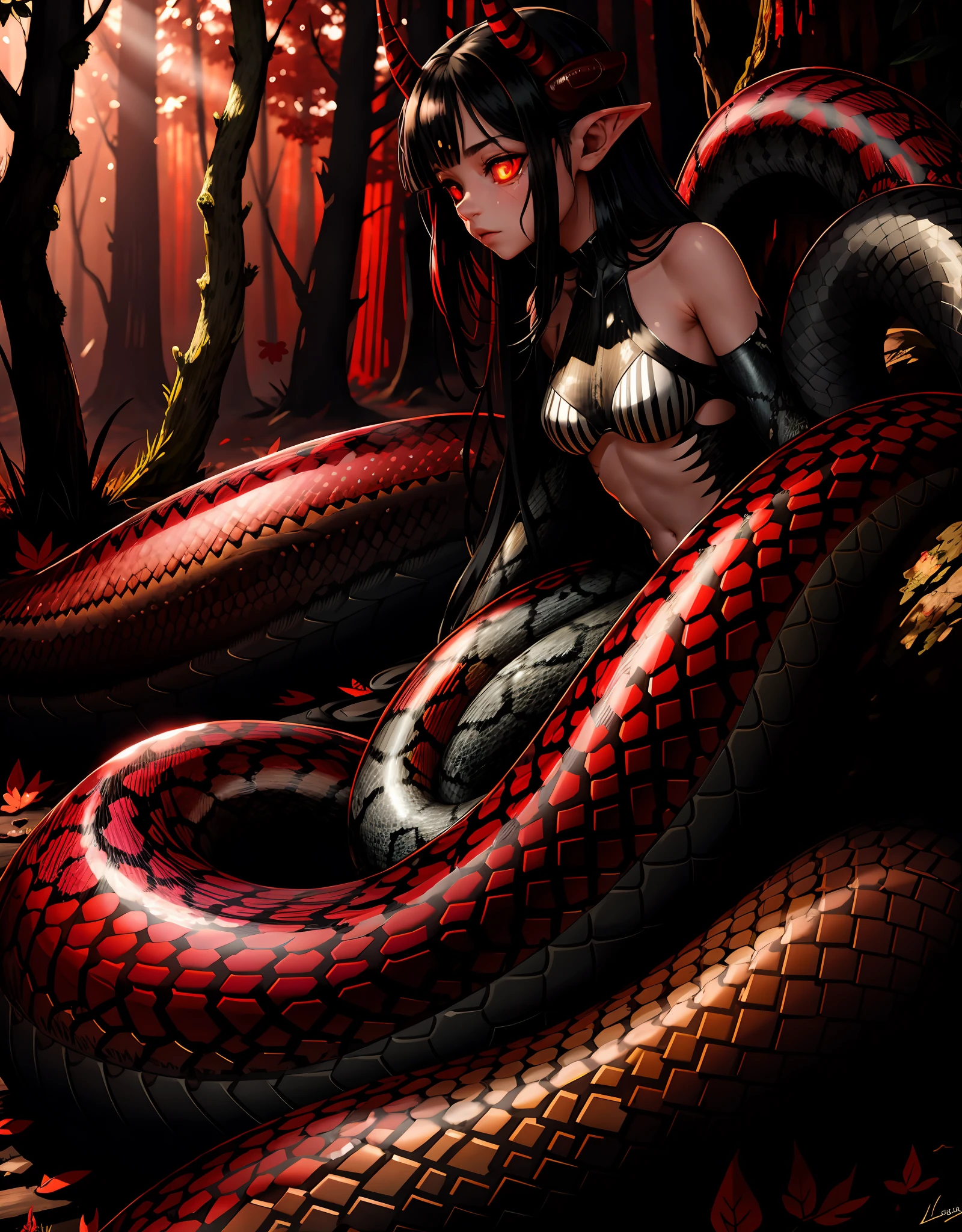 detailed snake skin, (Adult ), 2girls, (lamia), stoic, monster girl, (short horns), beautiful eyes, beautiful background, abandoned cabin, forest, light particles, sun rays, dramatic lighting, outside, grass, leaves, shiny (sliver, red, black gradient:1.5), realistic, masterpiece, best quality, ultra-detailed, detailed, scenery, beautiful detailed eyes, detailed hair