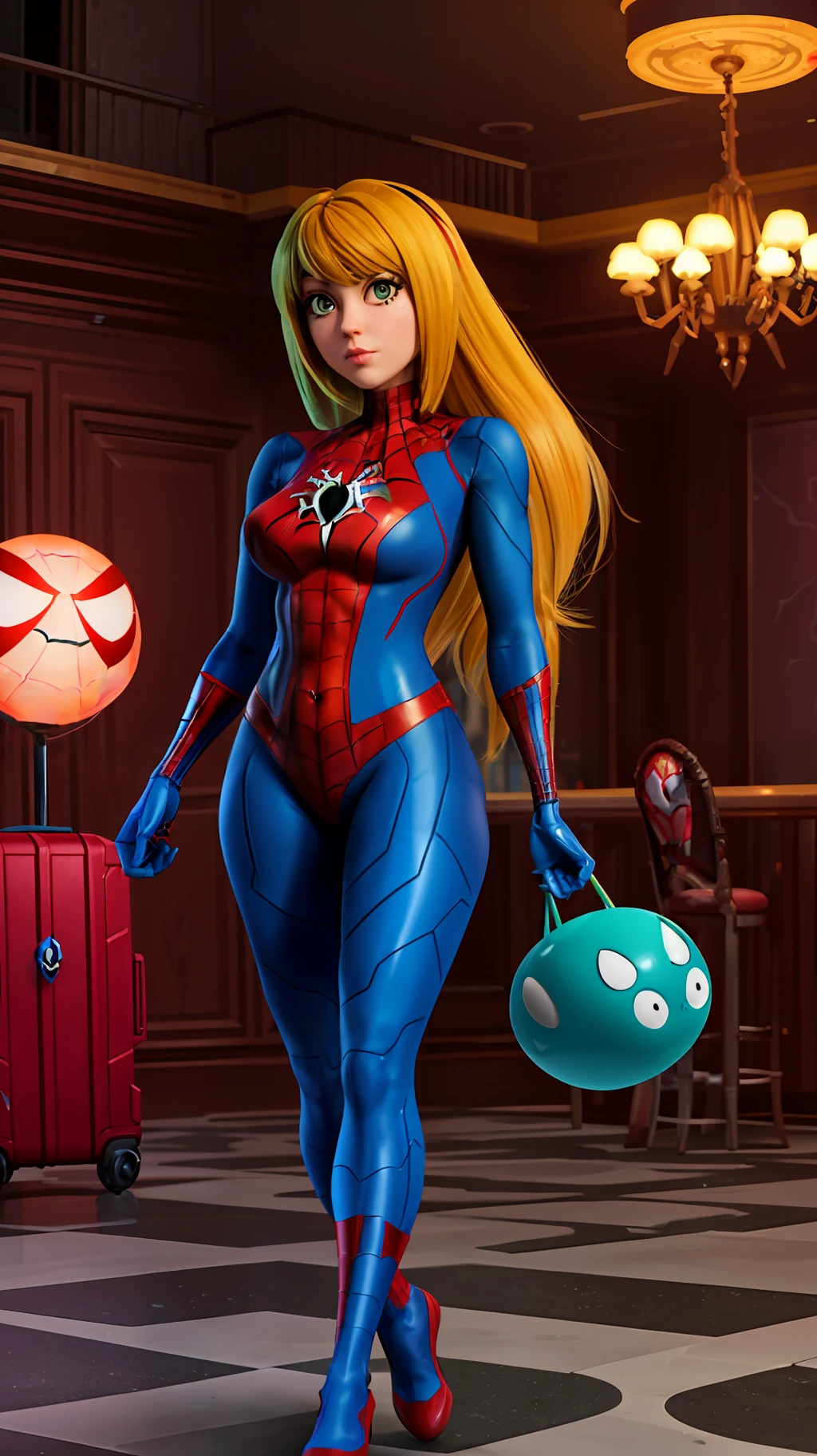 Create an image with 64k resolution, Unreal Engine 5, SpiderMan style, Super Metroid style, full body photo of a zombie skeleton woman, cosplaying Spider-Man+Samus Aran, looking at the viewer, green eyes, blue hair, holding a travel suitcase, in a haunted hotel with ghosts, posing.