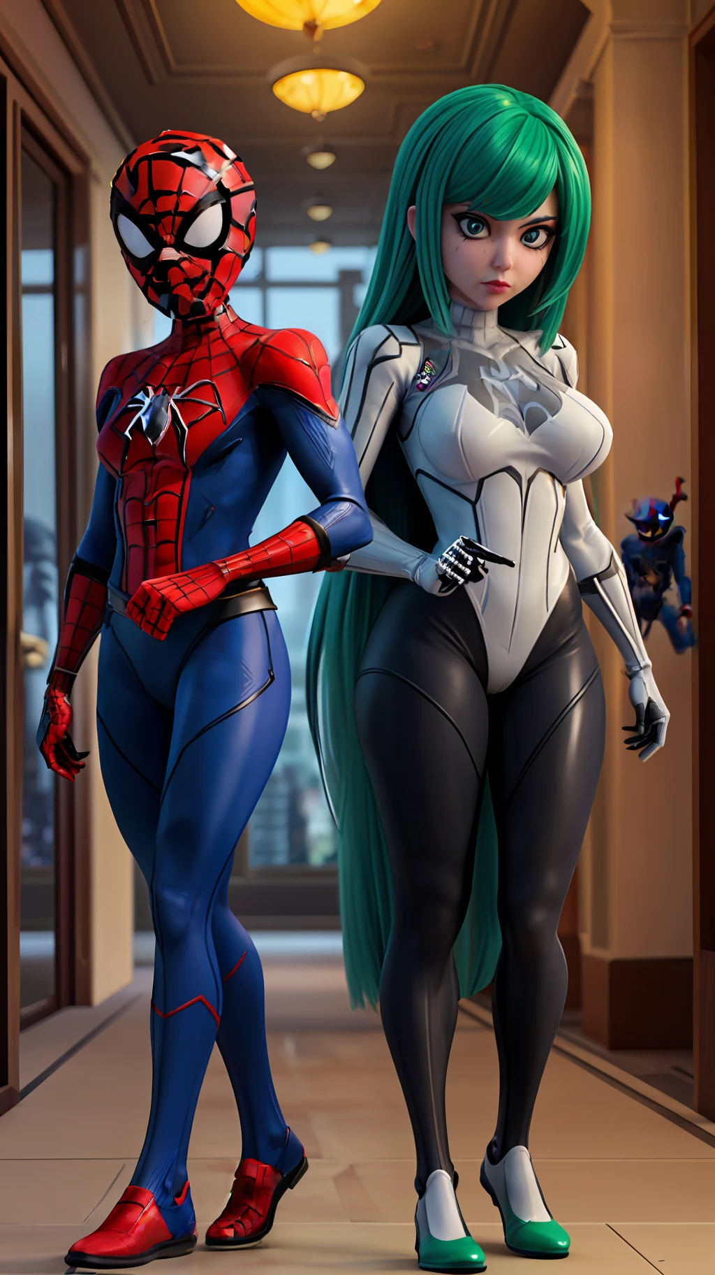 Create an image with 64k resolution, Unreal Engine 5, SpiderMan style, Super Metroid style, full body photo of a zombie skeleton woman, cosplaying Spider-Man+Samus Aran, looking at the viewer, green eyes, blue hair, holding a travel suitcase, in a haunted hotel with ghosts, posing.