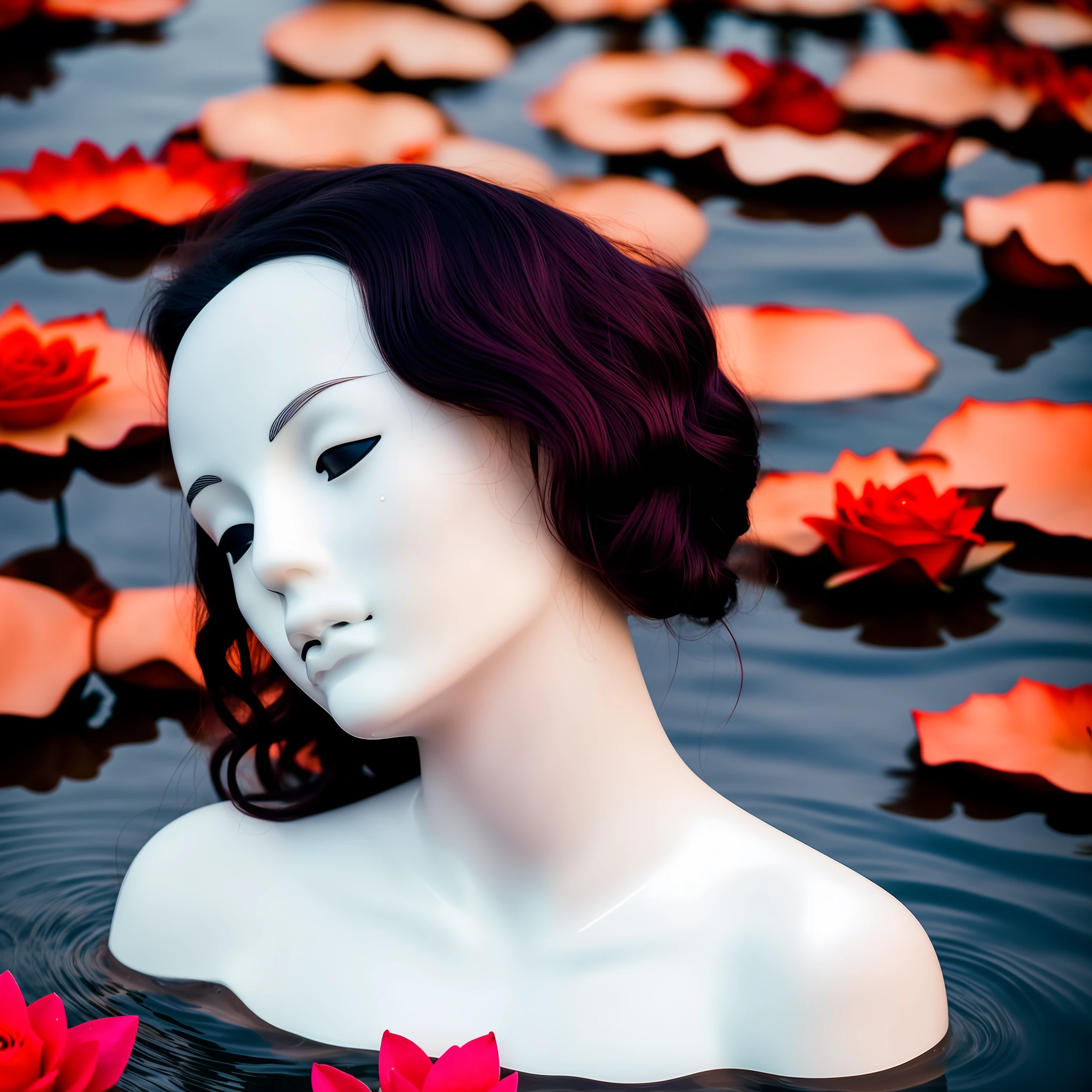 Photo stock of a mannequin woman, ((sad expression, face full of tears)), with freckles (laying on her back over a lake surface), ((floating)), almost drowning, (full of red roses and white water lilies) with her ((hair underwater)), sunset reflecting on the lake, ambient light, close up portrait, shot on kodak gold 200. Golden hour. looking at the camera. 35 mmm,purple hair, ((1girl)), 1body, ((1head)), mannequin, no fece, black and white, BNW, faceless, faceless mannequin, black and white, black and white image, black and white scene,