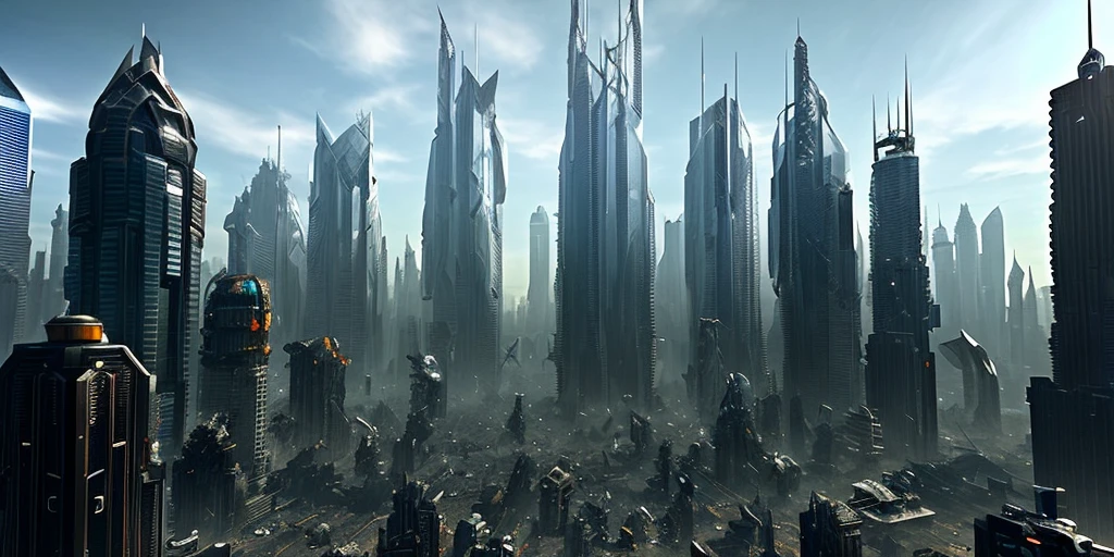 post apocalyptic futuristic city, shattered crystal spires, obsidian pyramids, broken glass skyscrapers