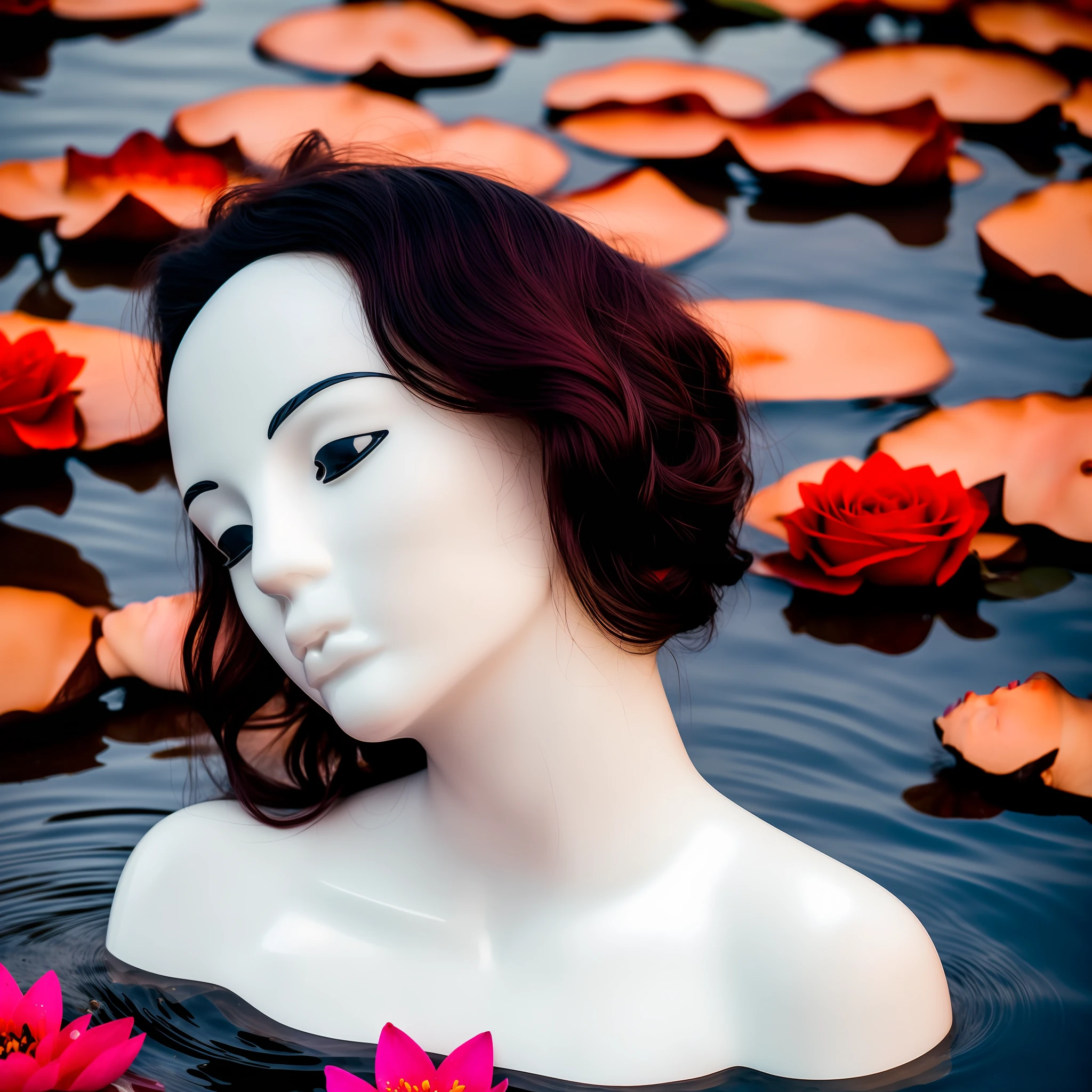 Photo stock of a mannequin woman, ((sad expression, face full of tears)), with freckles (laying on her back over a lake surface), ((floating)), almost drowning, (full of red roses and white water lilies) with her ((hair underwater)), sunset reflecting on the lake, ambient light, close up portrait, shot on kodak gold 200. Golden hour. looking at the camera. 35 mmm,purple hair, ((1girl)), 1body, ((1head)), mannequin, no fece, black and white, BNW, faceless, faceless mannequin, black and white, black and white image, black and white scene,