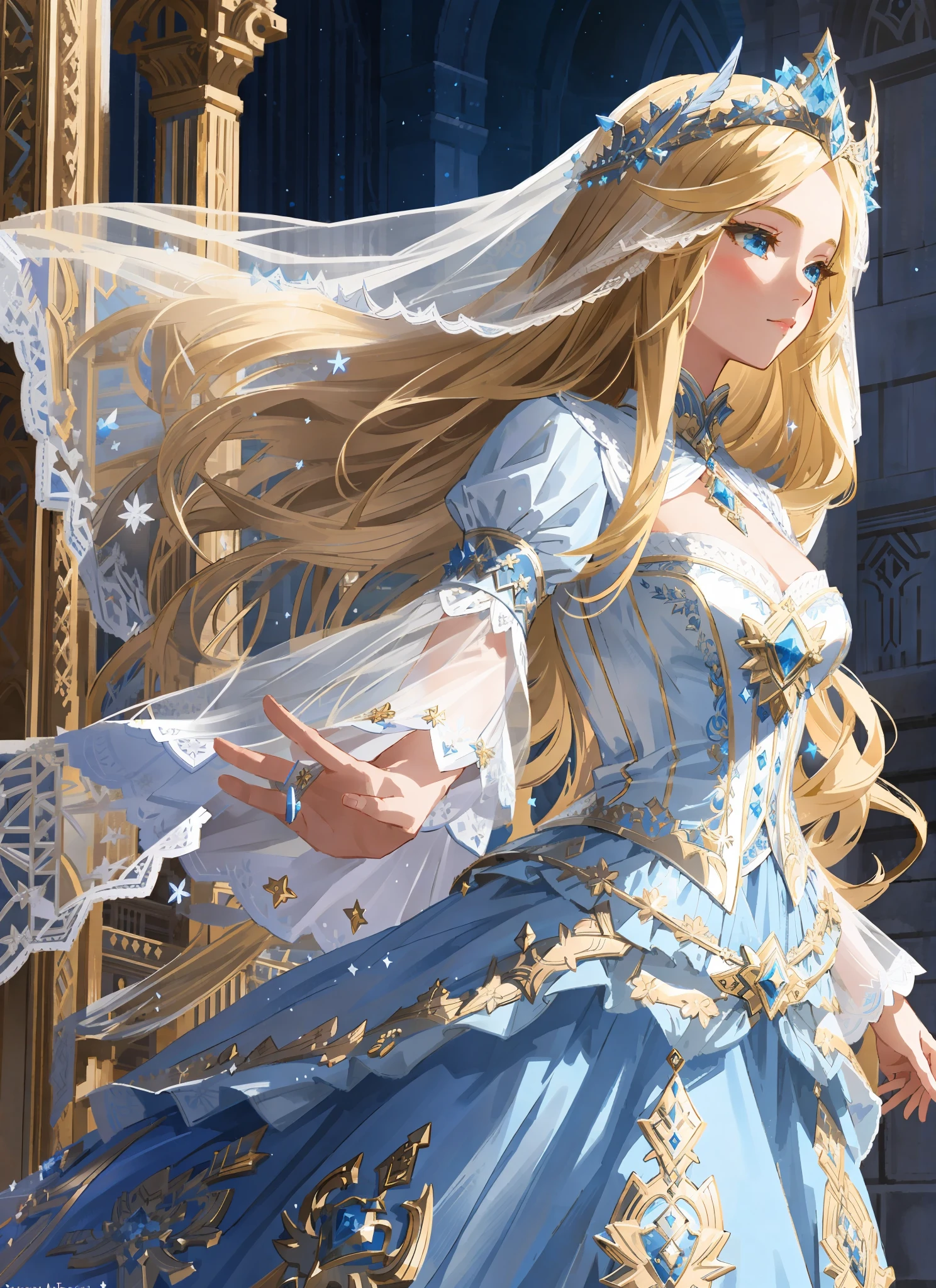 blond haired woman in blue dress with veil and veil over head, beautiful fantasy maiden, detailed fantasy art, beautiful fantasy art, blonde - haired princess, artgerm on artstation pixiv, beautiful maiden, ((a beautiful fantasy empress)), 2. 5 d cgi anime fantasy artwork, fantasy art style, detailed digital anime art, fantasy style art