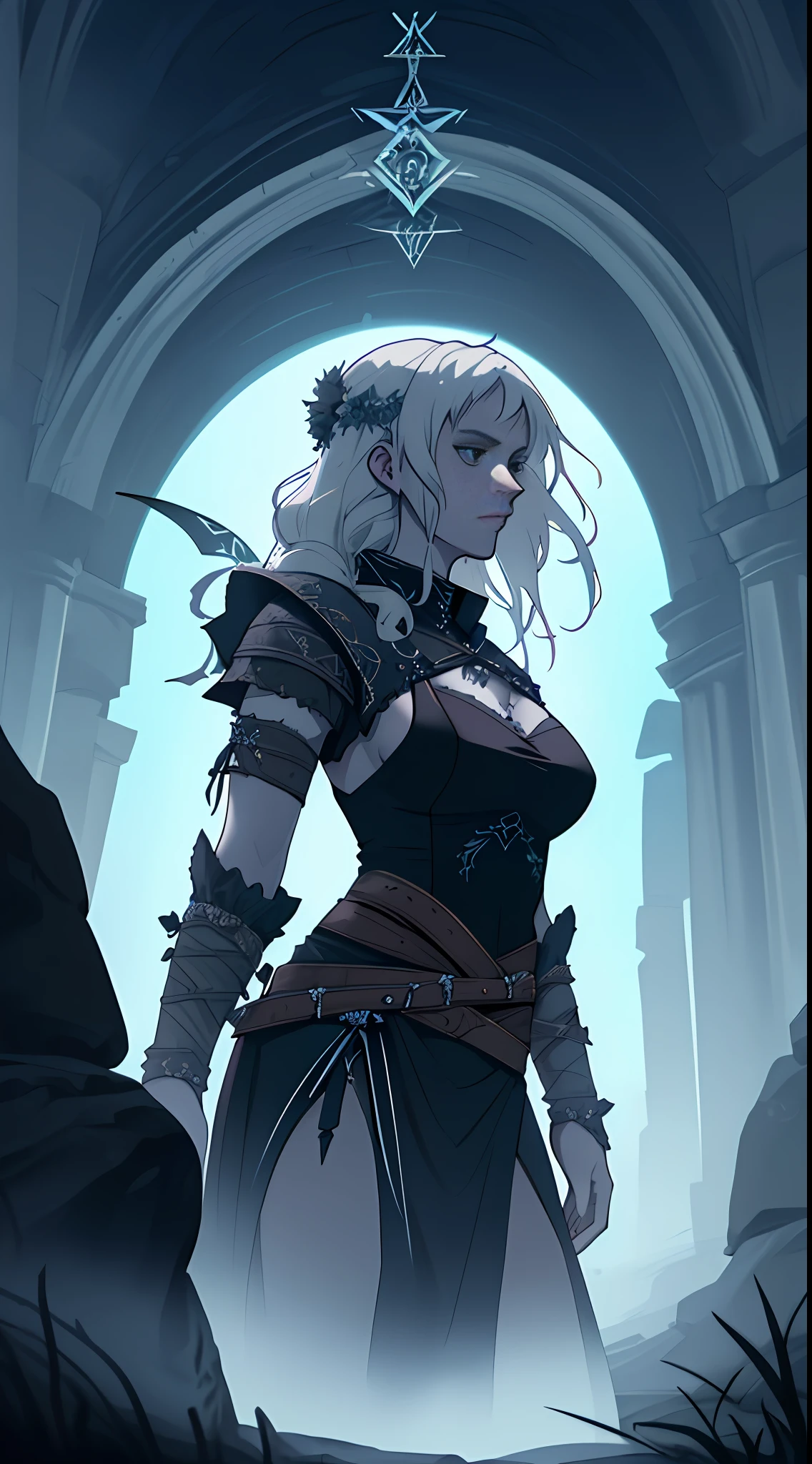 solo depressed lone woman wearnng ancient pagan Karelian and Finnish clothes mixed with lunarpunk aesthetic and nu-goth. dark fanasy, witchcore, Kalevala, folklore. Fighter hero Louhi, Mistress of the North. 4k, dynamic light, professional, high resolution, Global Illumination