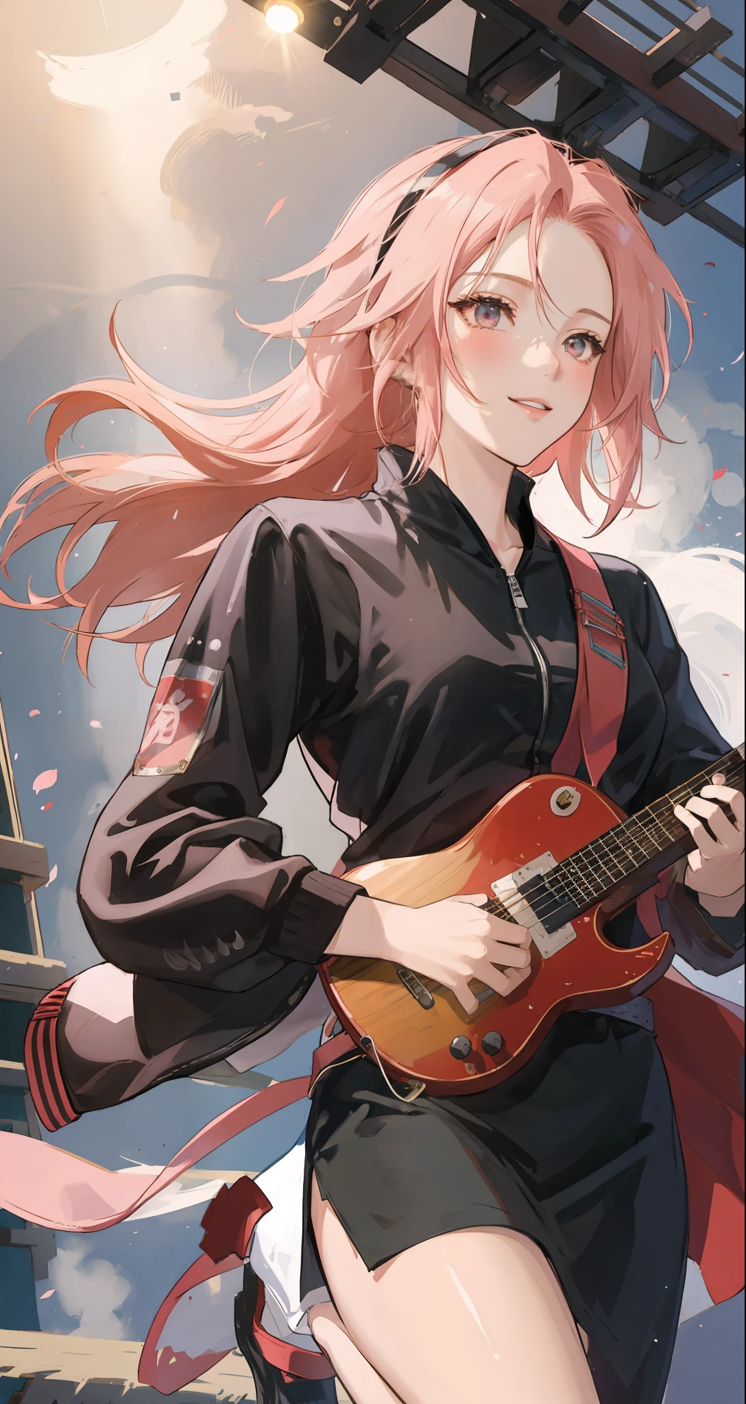 (2d anime:1.3). Rock band in stage, sakura haruno, playing guitar, detailed clothing, dynamic close-up face portrait, design by Yusuke Kozaki, oil by Gregory Manchess. stunningly beautiful, blush, smile, guitar, monitor, mic stand. Hand drawing illustration, 4k, highly detailed. Stage Lighting. Black, white, colored, Perfect composition. By sumic.mic