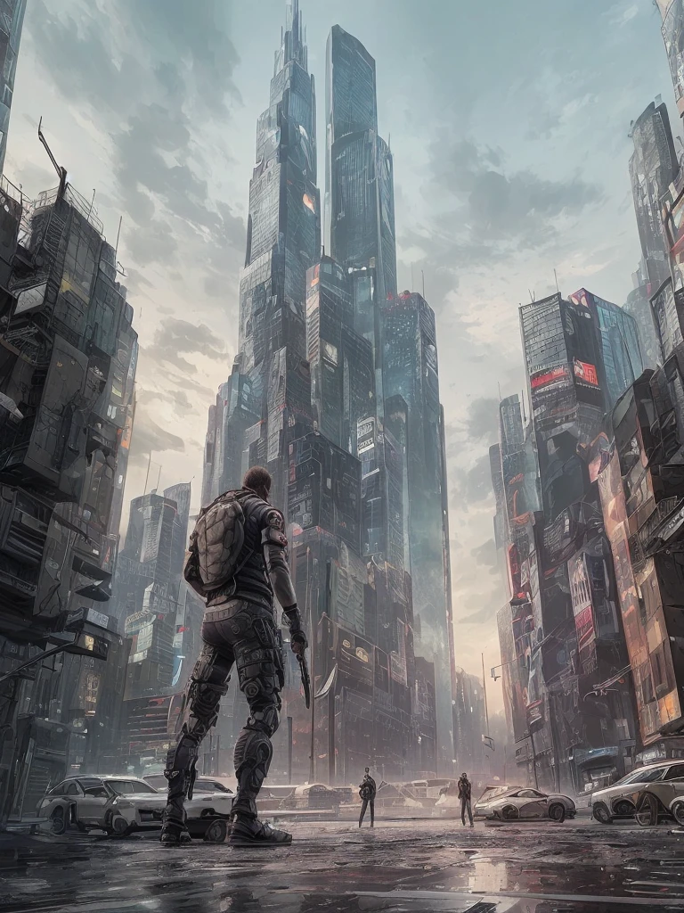 Ultra-realistic and highly-detailed digital illustration of John Wick fighting robots and demons in a futuristic cityscape. (The illustration features Octane-rendered 8k resolution with the main focus on John Wick's prosthetic cyborg arm, which is realistically designed and equipped for battle). The cityscape presents a busy urban backdrop, with sophisticated architecture, advanced technology, and futuristic cityscapes.