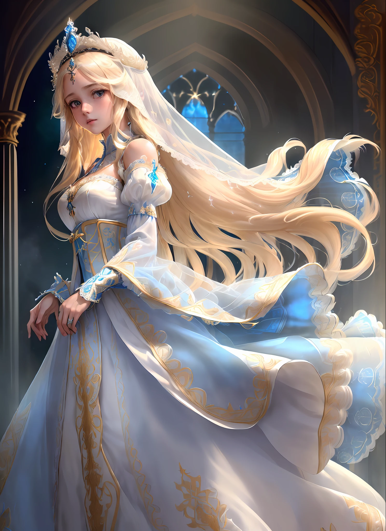 ((extremely detailed CG unity 8k wallpaper)), masterpiece, ultra-detailed, floating, high resolution, (petite, absurdly long blonde hair, princess, ("ornate long white and blue see through layered gown with detached sleeves and holy embroidery"), bridal veil, circlet, bridal gauntlets, bridal garters, corset)