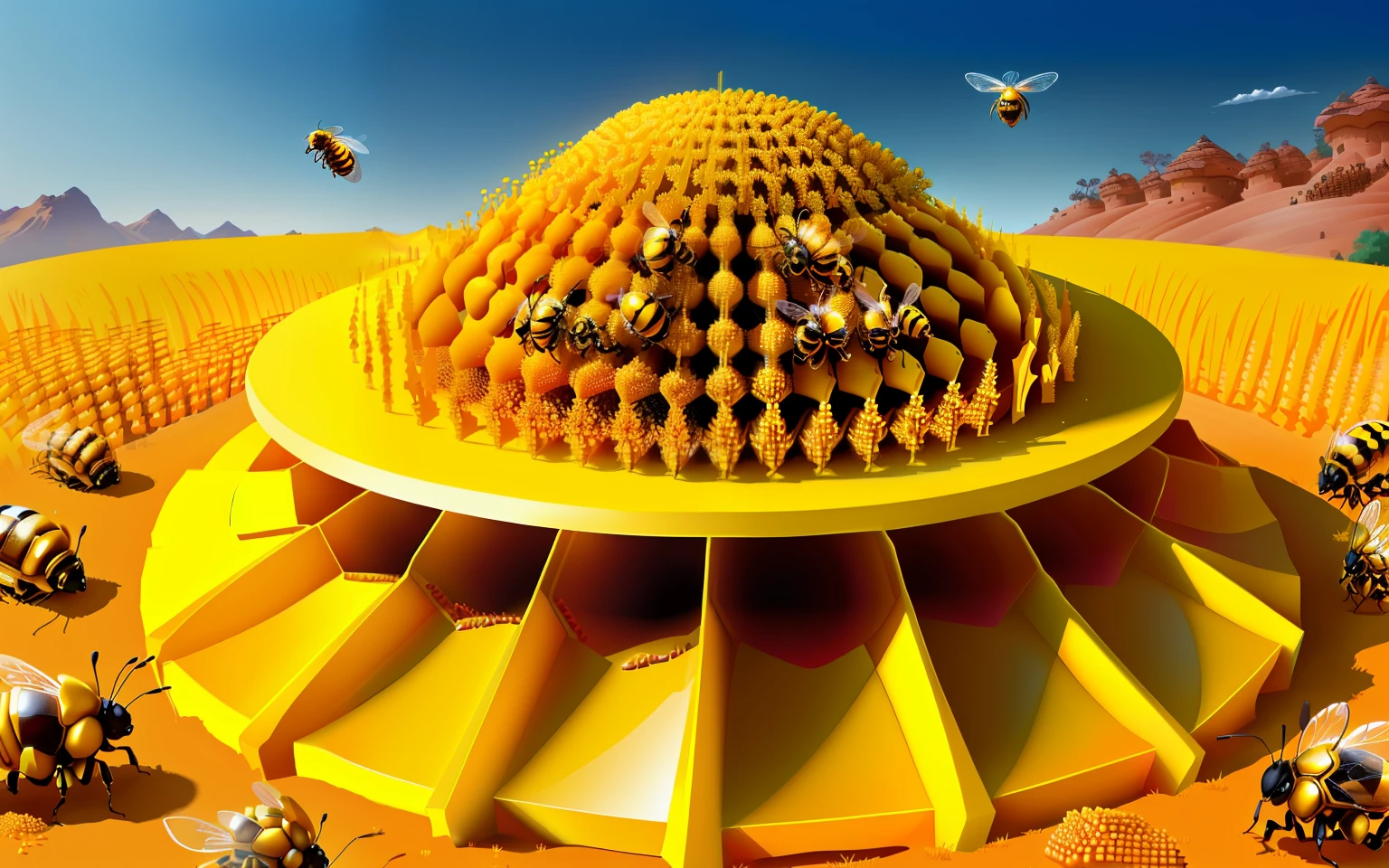 anthill make from bee hive,with big golden bee ride it,honeypots ants,honey melting,variations,upscales