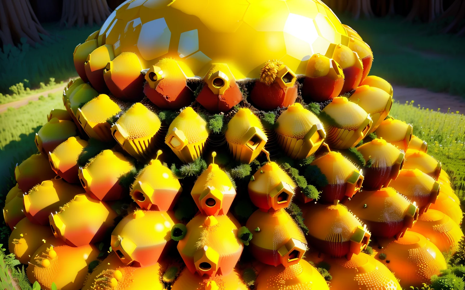 anthill make from bee hive,with big golden bee ride it,honeypots ants,honey melting,variations,upscales