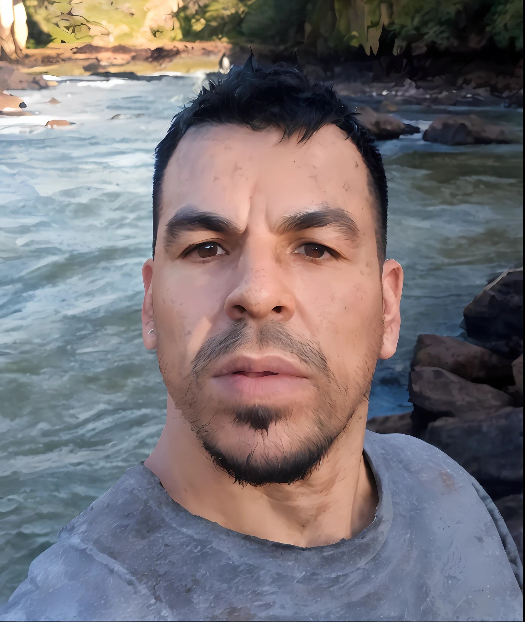 award winning waist up photo of a rugged fantasy barbarian, wearing torn leather jerkin, muscular, scarred and scratched, short black hair, gray eyes, cave ceiling in background, dark, shadow creatures in background, dark, ominous, cave, high contrast, shiny skin, backlighting, bloom, light sparkles, chromatic aberration, sharp focus