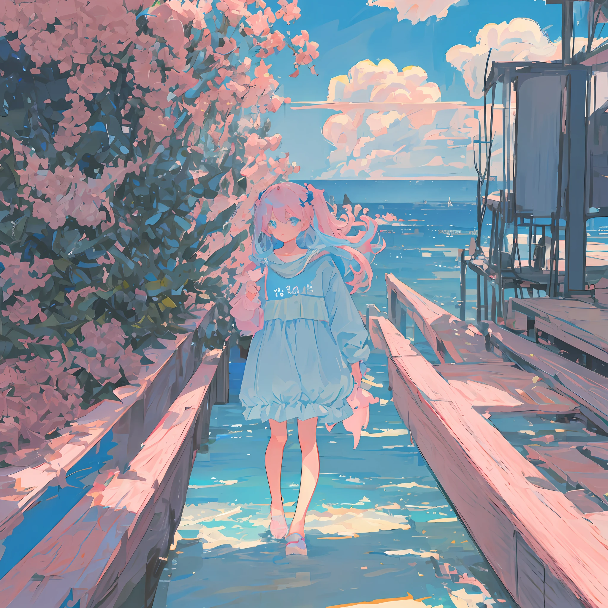 Masterpiece, best quality, a girl with long light blue hair, soft pink clothes, walking besides the sea on the beach