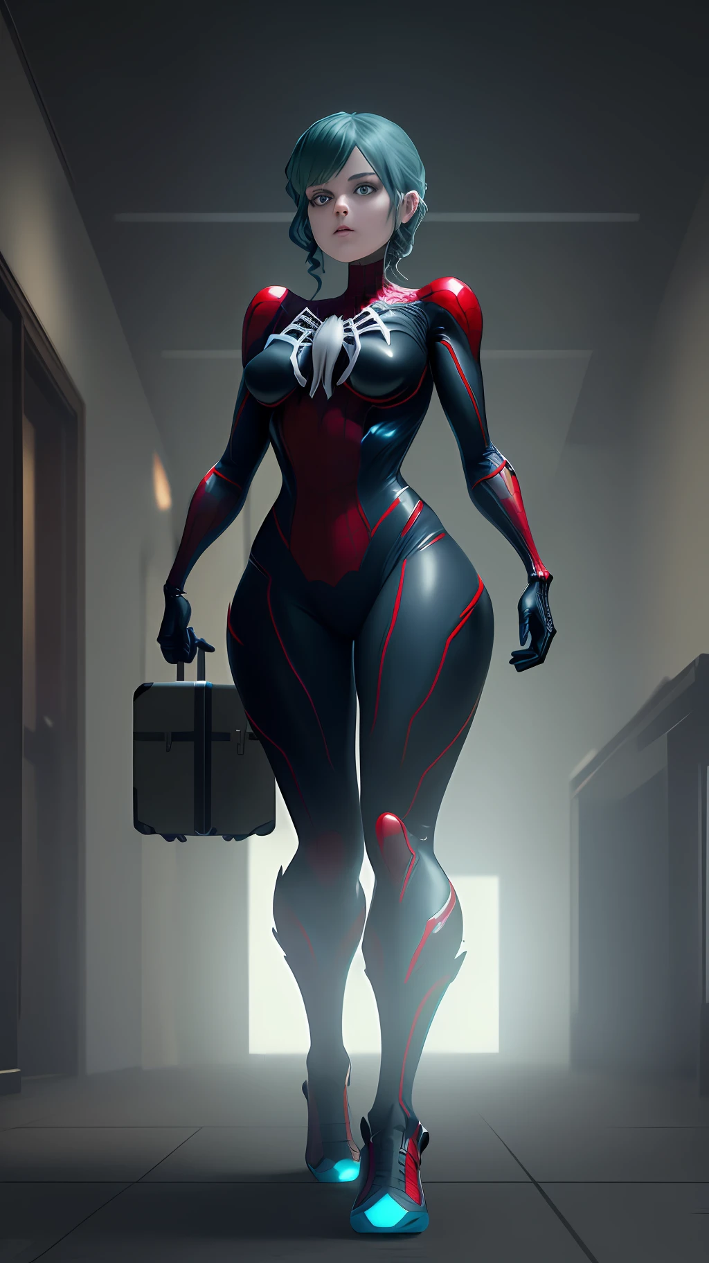 Create an image with 64k resolution, Unreal Engine 5, SpiderMan style, Super Metroid style, full body photo of a female zombie skeleton, cosplaying Spider-Man in black costume with white parts, looking at the viewer, green eyes, blue hair, holding a suitcase, in a haunted hotel with ghosts,  Put only one character in the image.