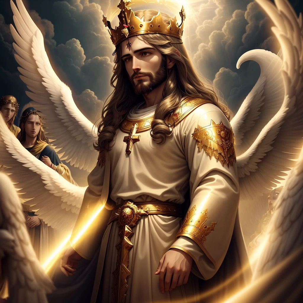 "Amidst the voluminous clouds, Jesus, the majestic king, sits gracefully adorned with a golden crown. In a wide shot, He is accompanied by His army of angels as He prepares to return triumphantly to Earth, surrounded by the ethereal radiance of volumetric light."