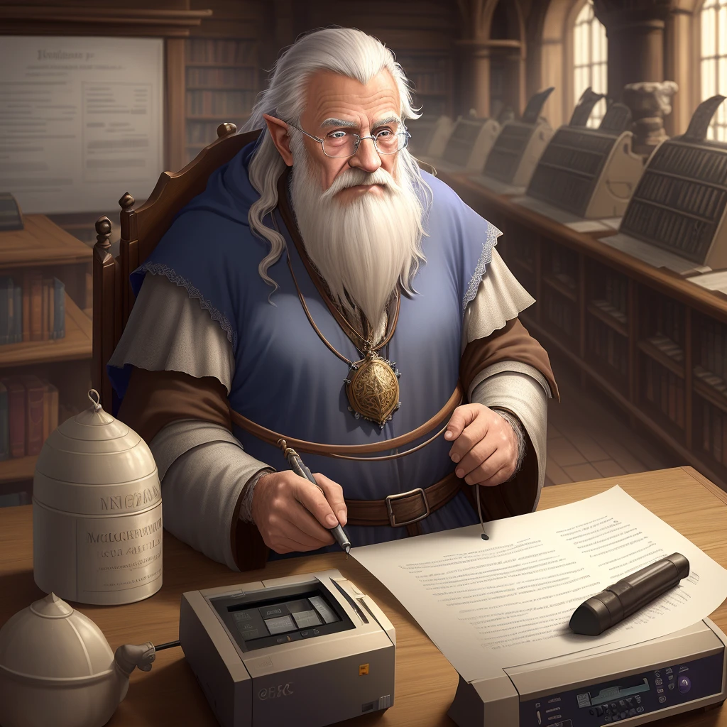 Imagine medieval, fantasy, old wizard man working on a printing machine, copier, document printer in a library with a lot of technology and extreme realism