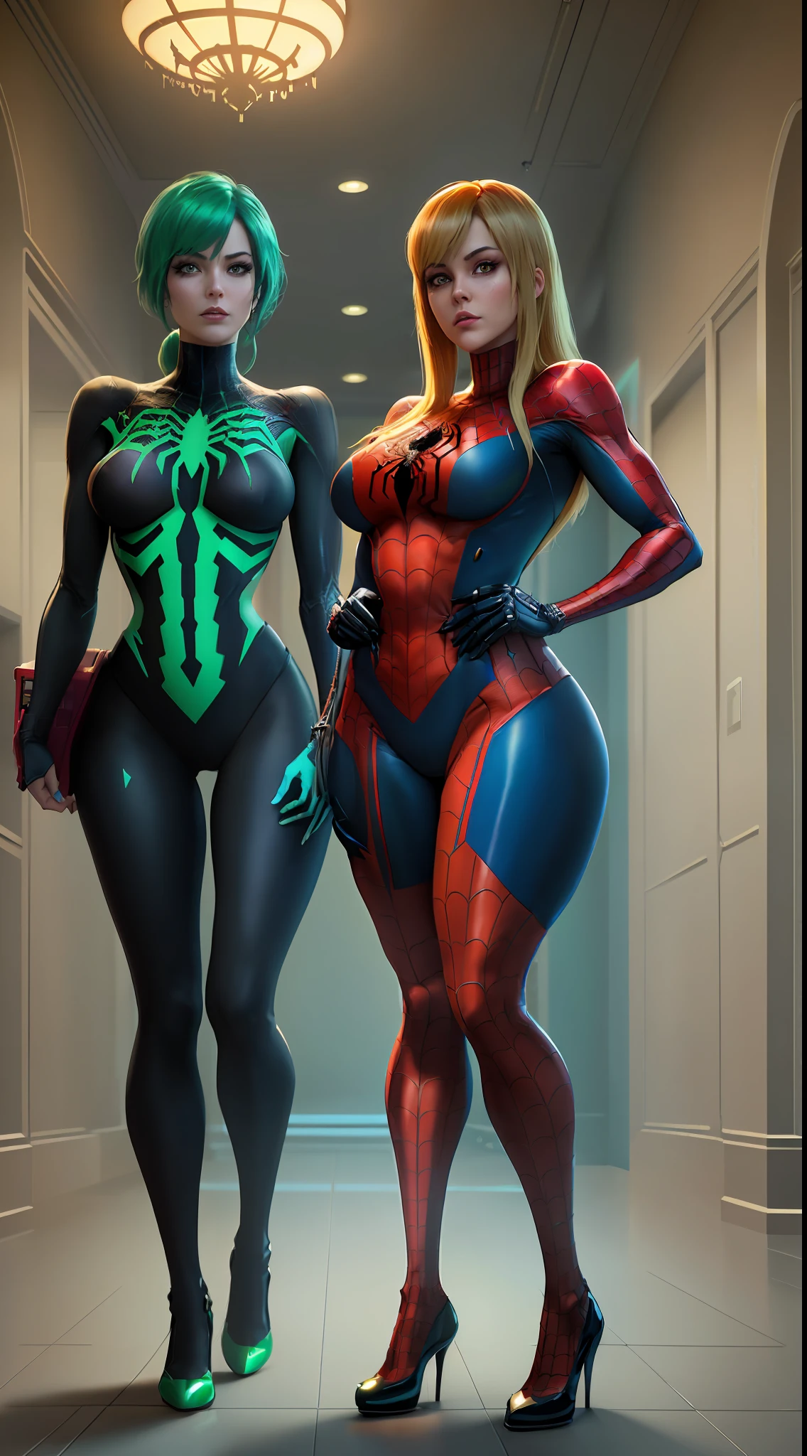 Create an image with 64k resolution, Unreal Engine 5, SpiderMan style, Super Metroid style, full body knee-length photo of zombie skeleton woman, cosplaying Spider-Man+Samus Aran, looking at the viewer, green eyes, blue hair, holding a travel suitcase, in a haunted hotel with ghosts, posing.