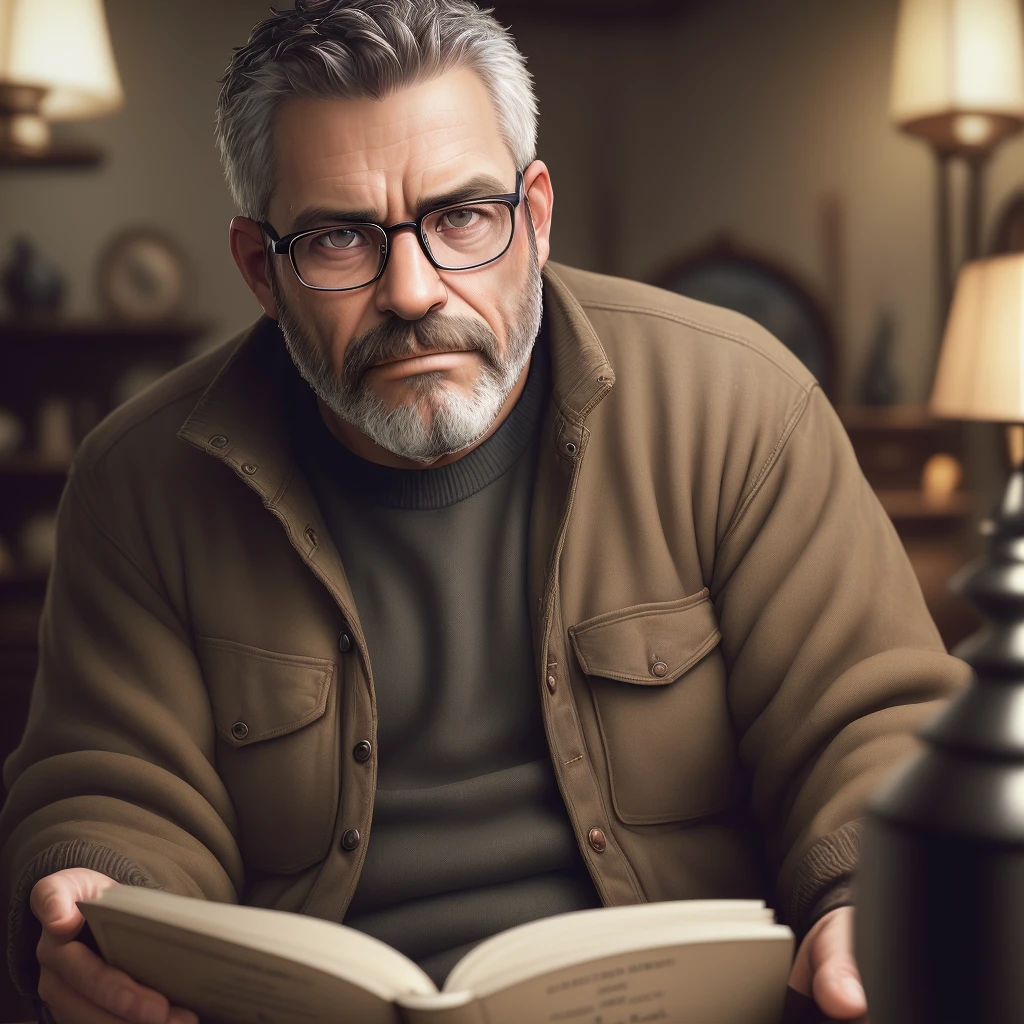 (editorial photograph of a working man sitting in his living room in the scrotum, bearded, serious doing his reading, 47 years old, brown eyes), (wearing worn and worn winter shirt, wearing old black canvas jacket worn LL Bean, wearing glasses, detailed:1.3), (highly detailed face:1.4), (background inside dark, grumpy, private study, antique furniture:1.3), (8k,  uhd, DSLR, high quality, cinematic lighting, bokeh), (dramatic and award-winning photography, amazing masterpiece:1.3) (strong depth of field)